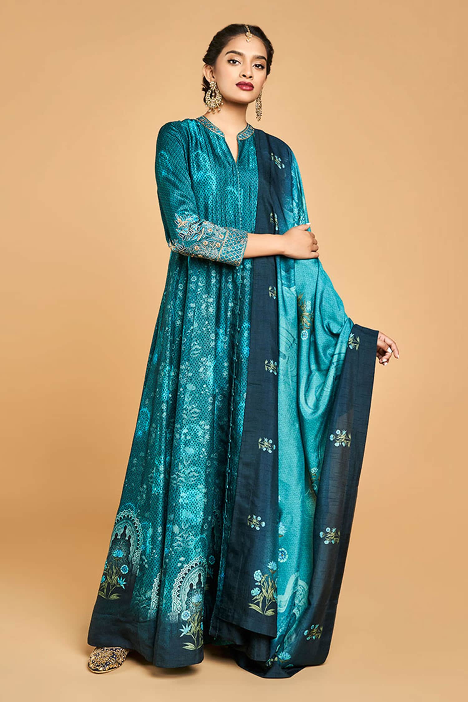 Buy Saundh Blue Raw Silk Printed Anarkali Set Online | Aza Fashions