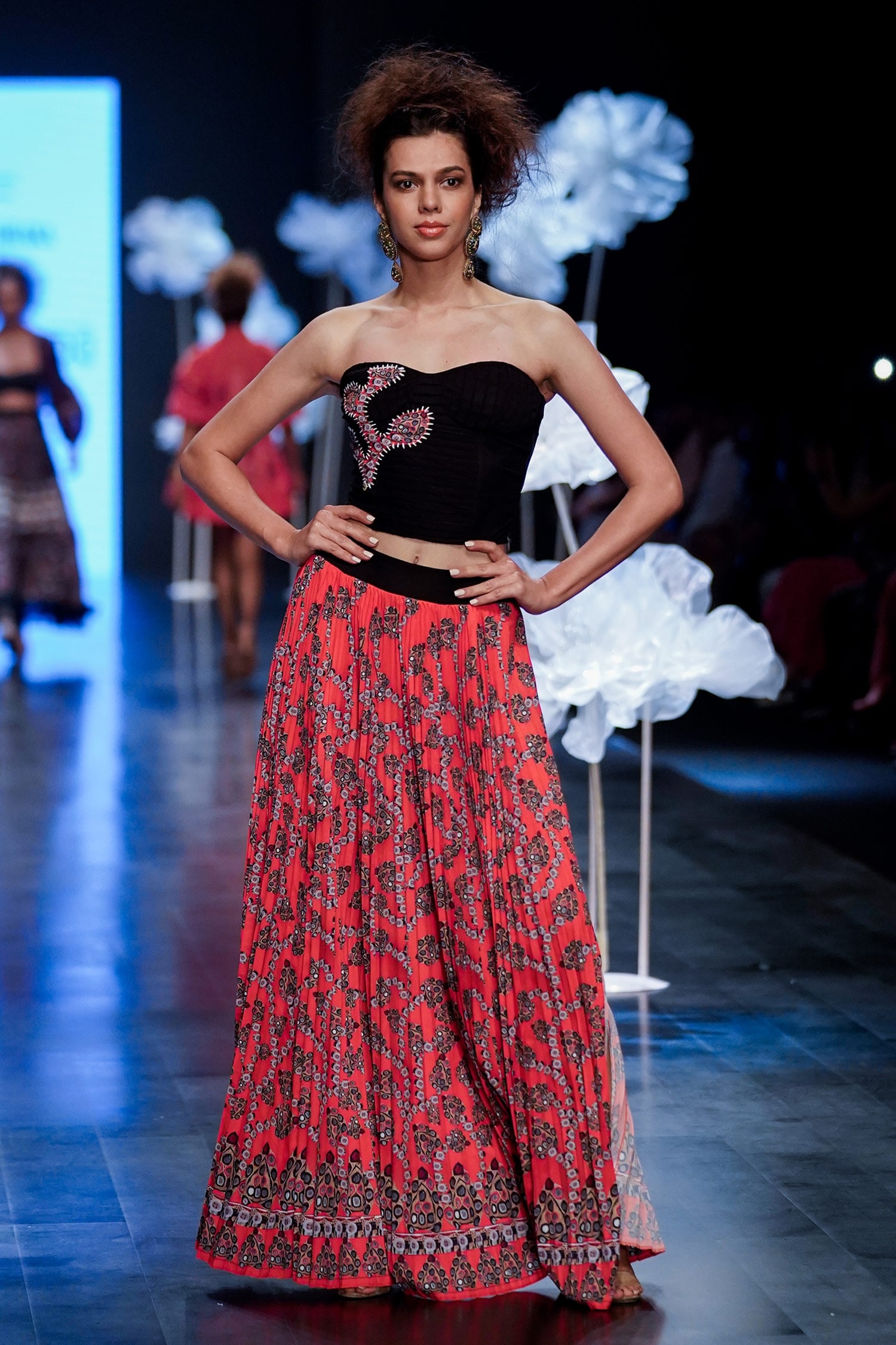 Rina Dhaka Coral Pleated Print And Embroidery Abstract Skirt For Women