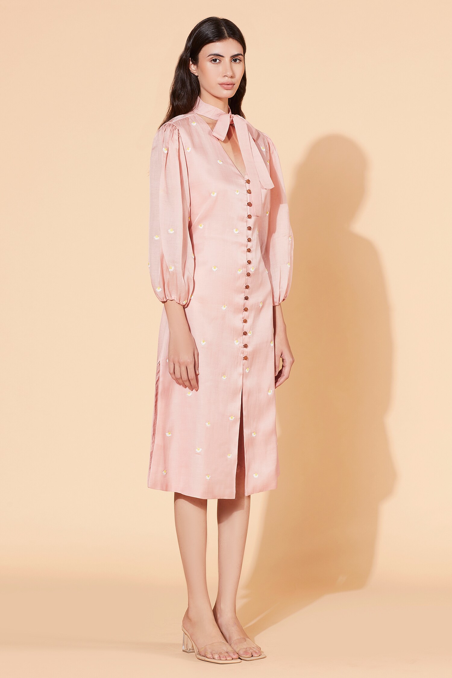 Buy Meadow Pink Silk Organza Cotton Midi Dress Online | Aza Fashions