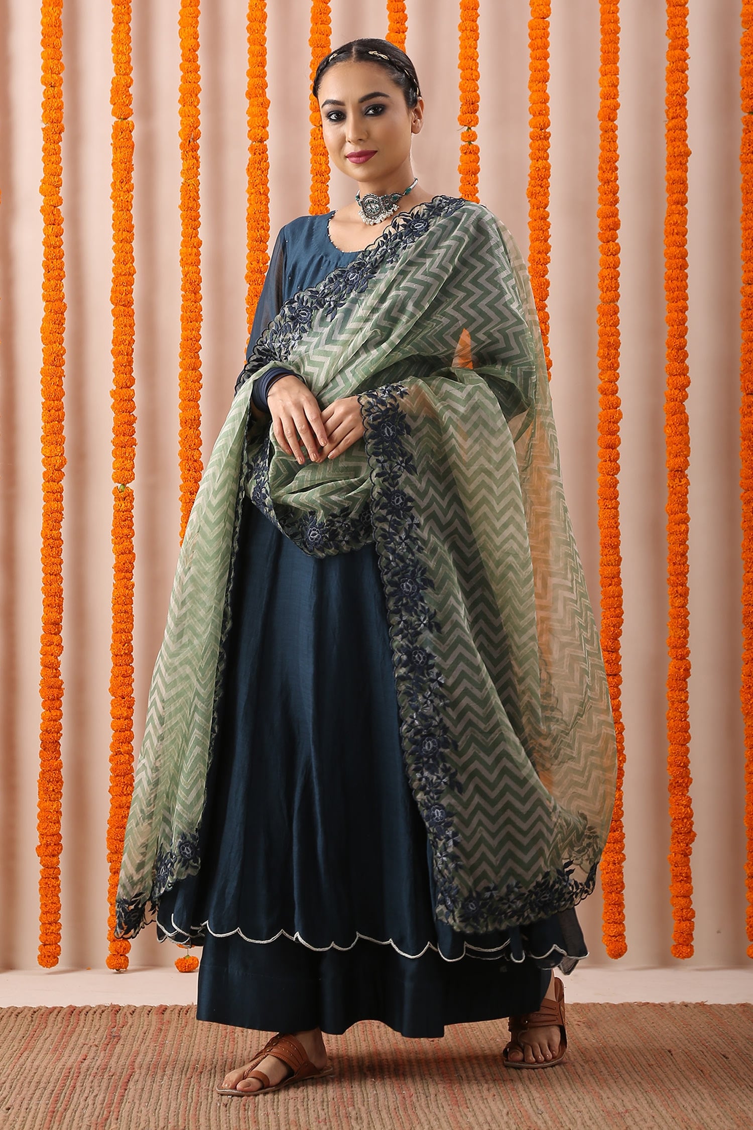 Buy Blue Handloom Chanderi And Organza Embroidery Pearl Round Anarkali ...