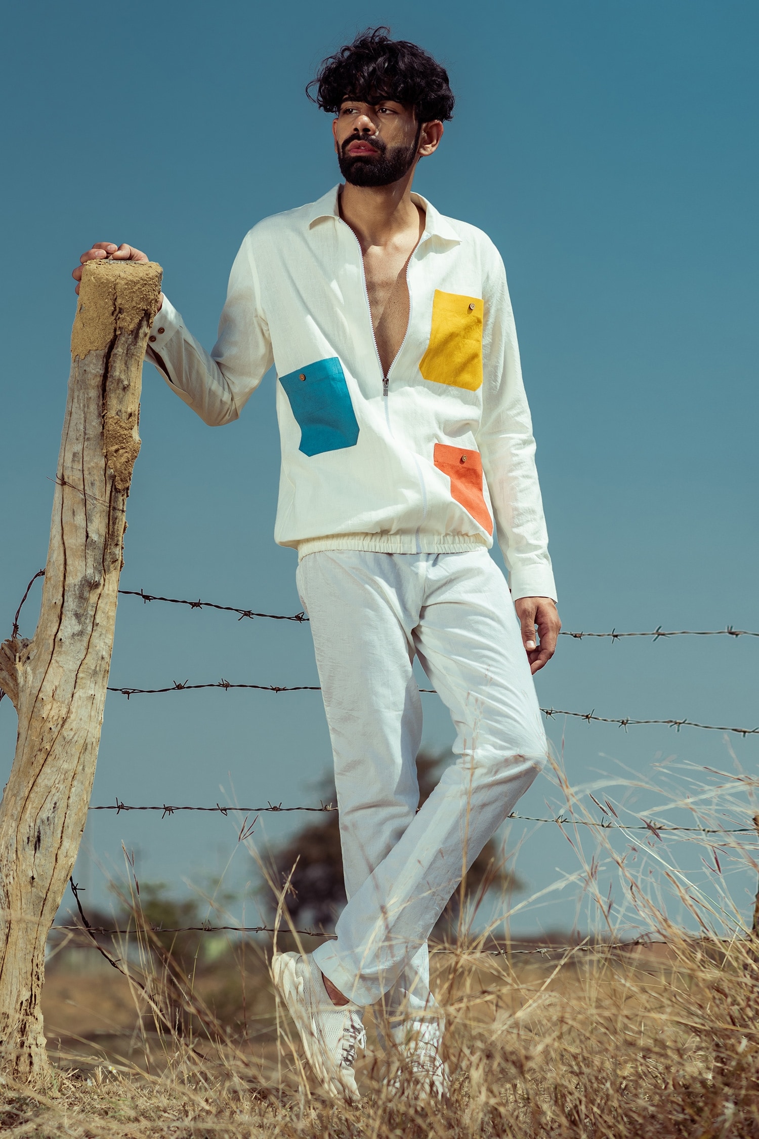 Buy White Cotton Linen Embroidered Thread Colourblock Shirt Style Jacket  For Men by Runit Gupta Online at Aza Fashions.