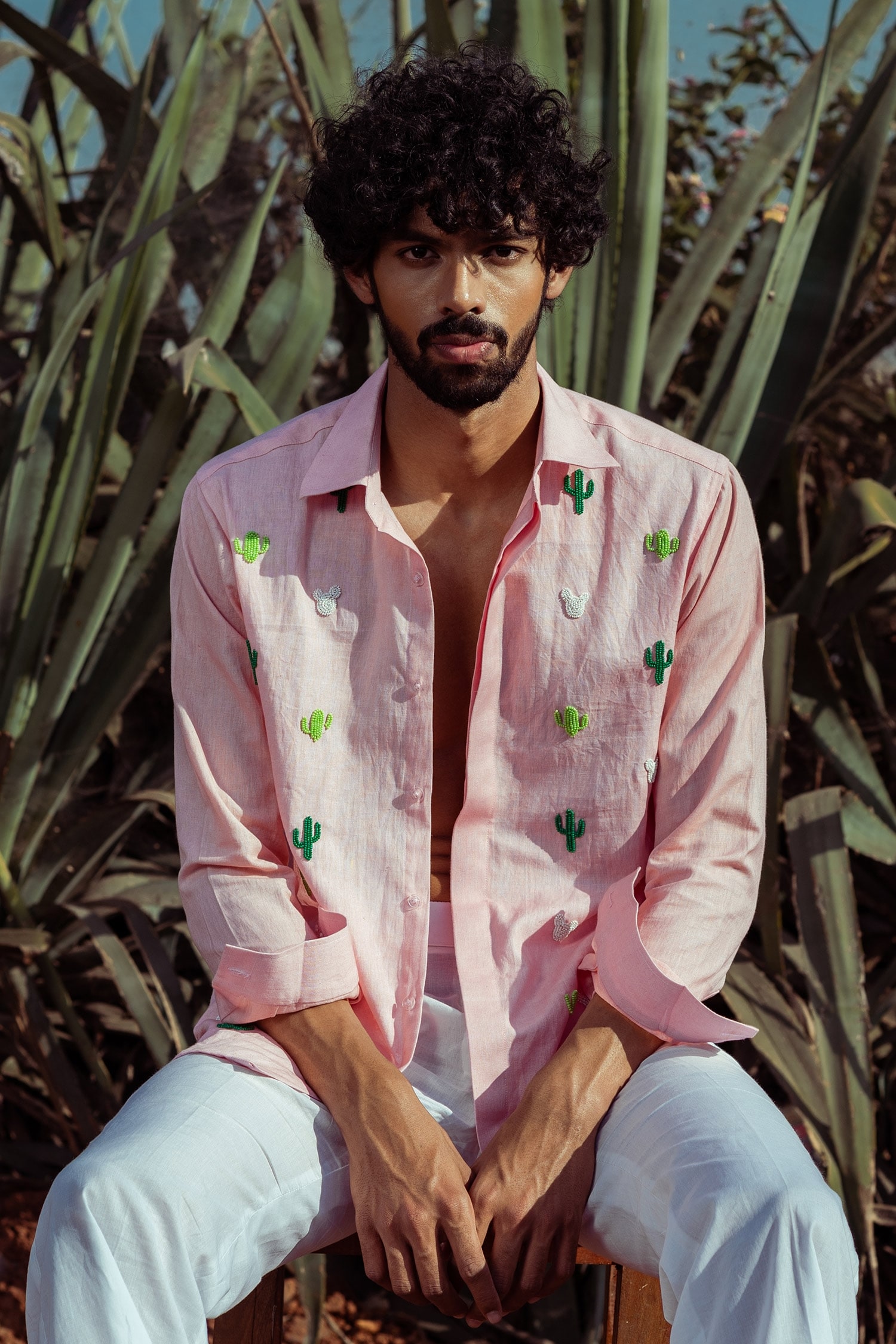 Buy Pink Cotton Linen Hand Embroidered Thread Work Cacti Bead Shirt For Men  by Runit Gupta Online at Aza Fashions.