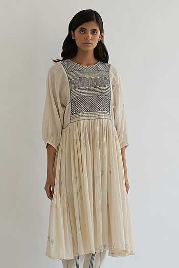Buy White 100 Cotton Round Embroidered Midi Dress For Women by Cord