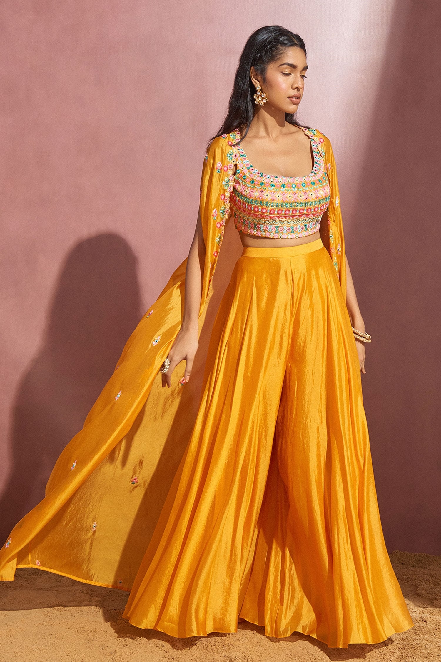 Buy Yellow Silk Organza Embroidery Mirror And Thread Cape & Sharara Set For Women by Aneesh