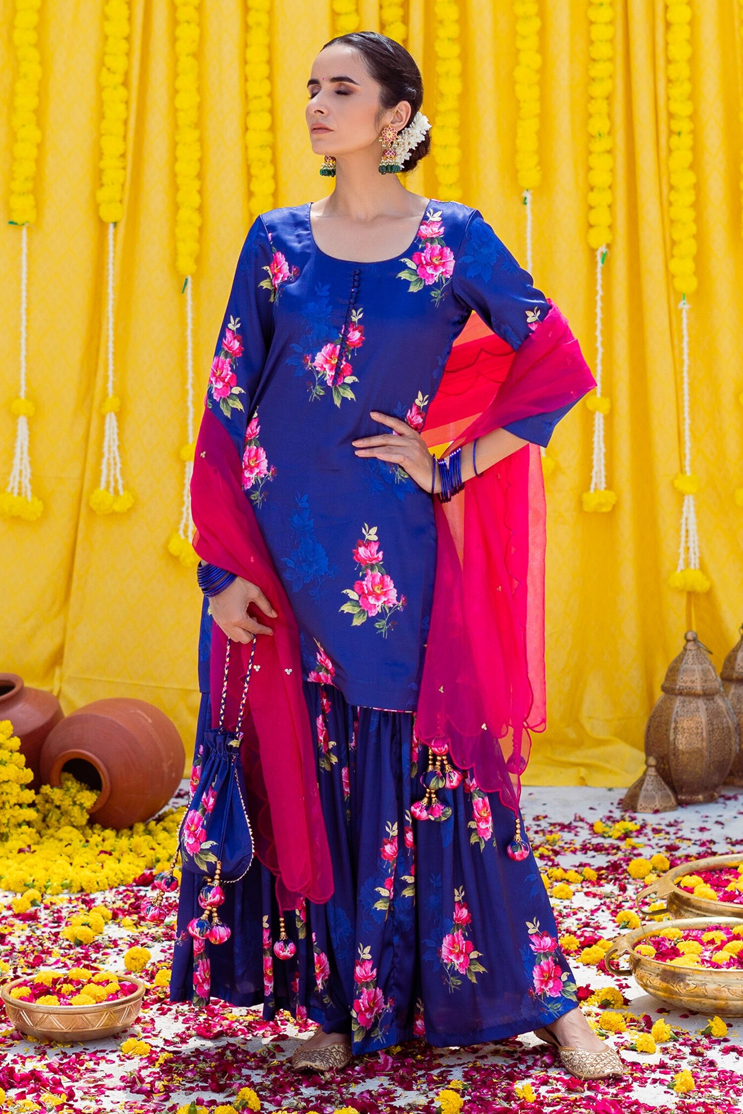 Buy Rivaaj Clothing Blue Satin Floral Print Kurta Gharara Set Online