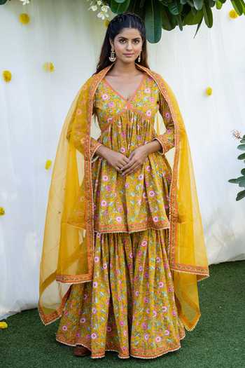 Babyhug Cotton Woven Three Fourth Sleeves Floral Printed Kurti Gharara Set with Dupatta & Lace Detailing - Yellow