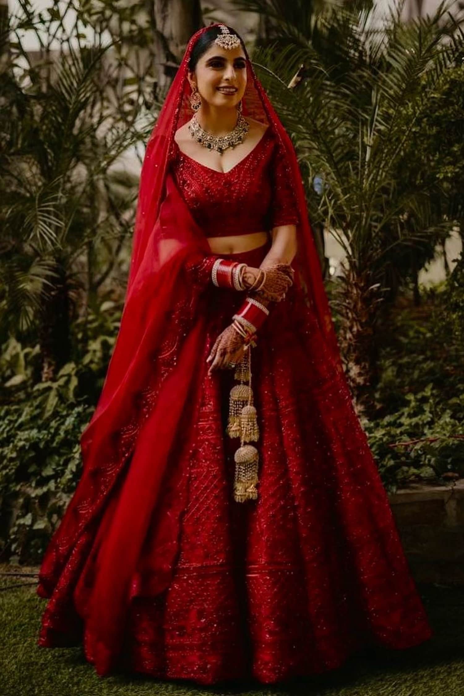 Buy Red Pure And Organza; Lining: Chroma Embroidery Lehenga Set For ...
