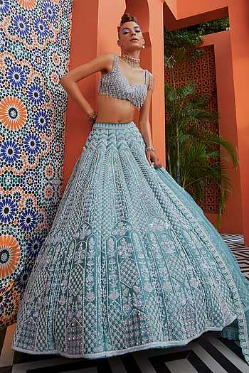 Buy Blue Lehenga And Blouse Taffeta Embroidery Camellia Bridal Set