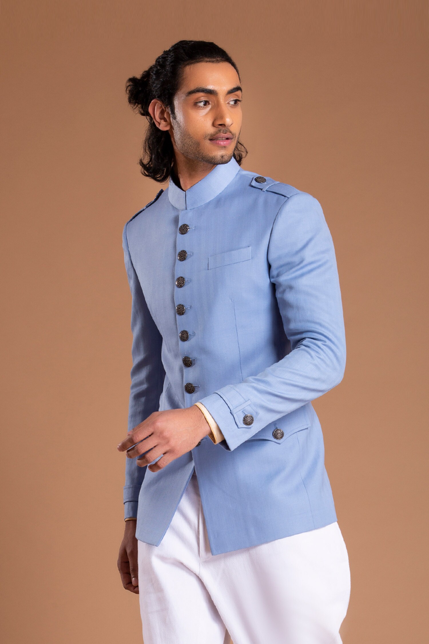 Buy Rohit Kamra Jaipur Blue Linen Bandhgala Online Aza Fashions