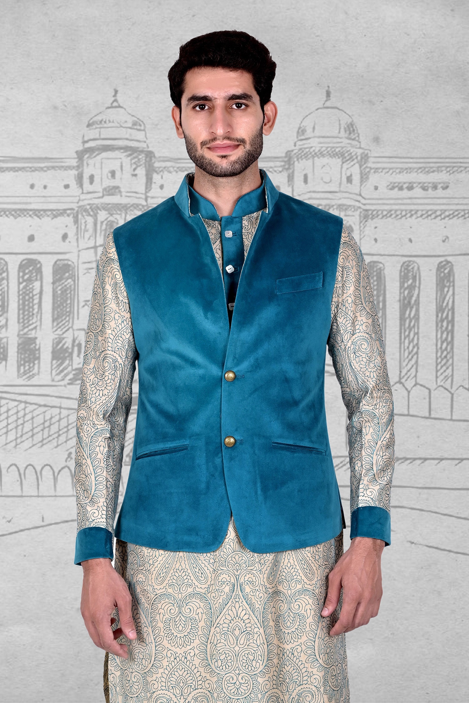 Men's Deep Blue plain Kurta with Maroon Nehru Jacket and Deep Blue Pyj –  Sanwara Fashions