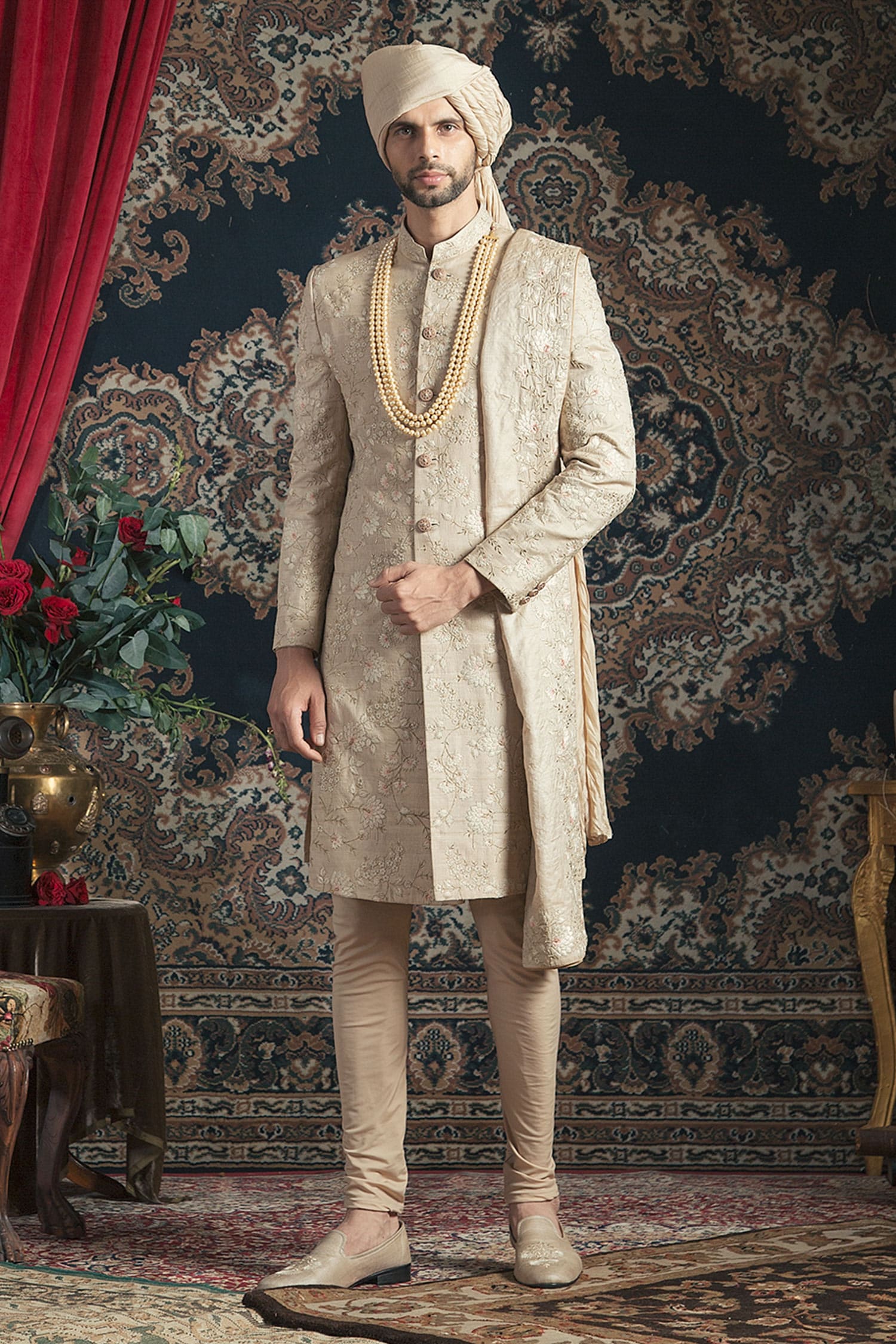 Rachit Khanna Gold Tussar Embroidered Sherwani Set For Men