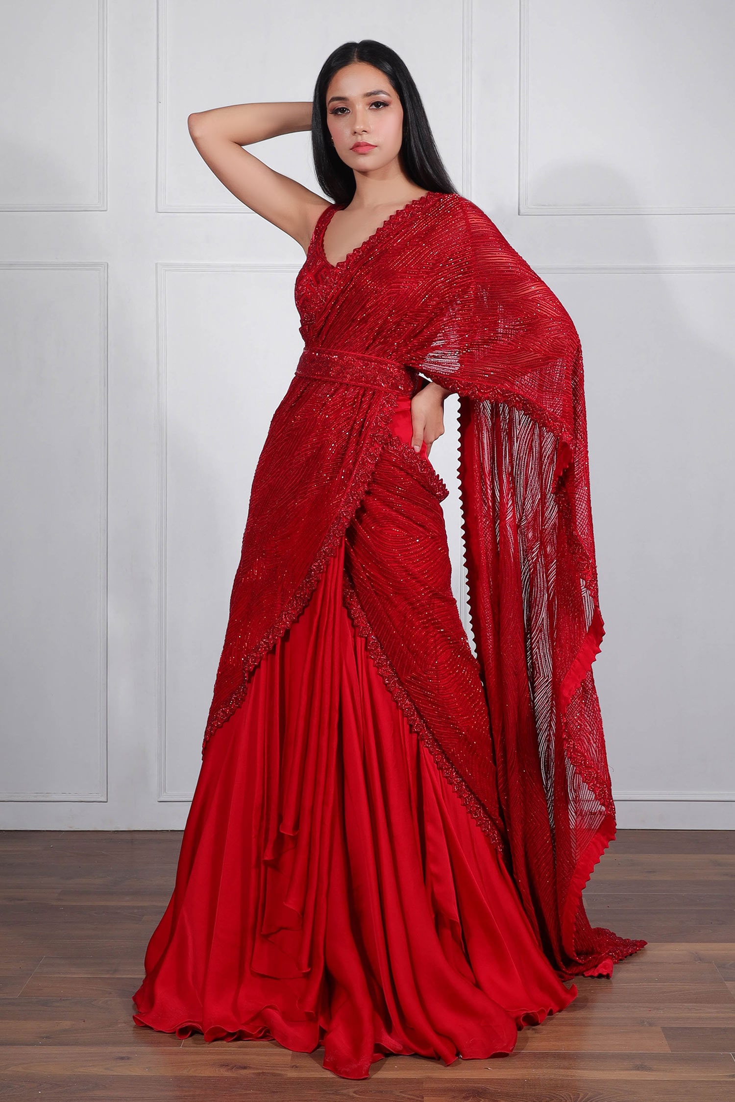 Buy Red Crepe Silk Leaf Neck Embroidered Lehenga Saree For Women by Ritika  Mirchandani Online at Aza Fashions.