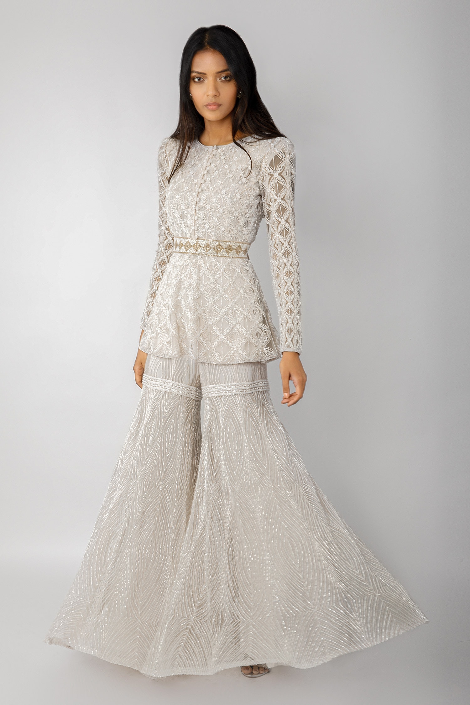 Buy White Crepe Silk Embroidered Bead Round Kurta And Sharara Set For