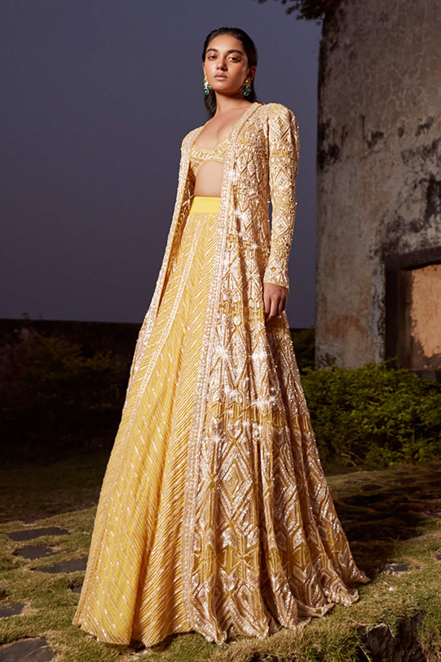 Buy Yellow Faux Georgette Embroidered Coding Party Wear Lehenga choli with  koti Online