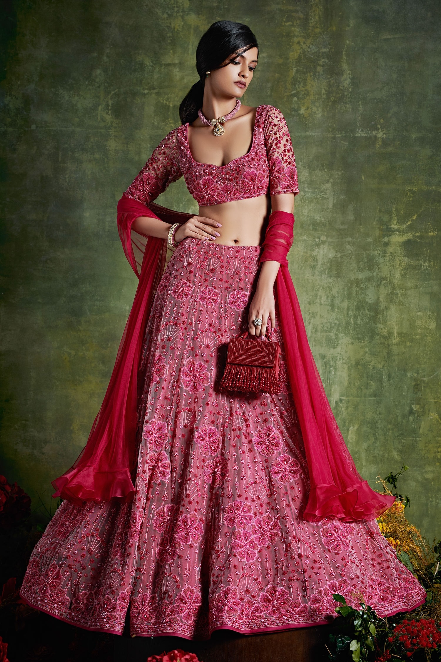 Pink Heavy Mirror Work Bridal Lehenga Choli - Lehengas Designer Collection