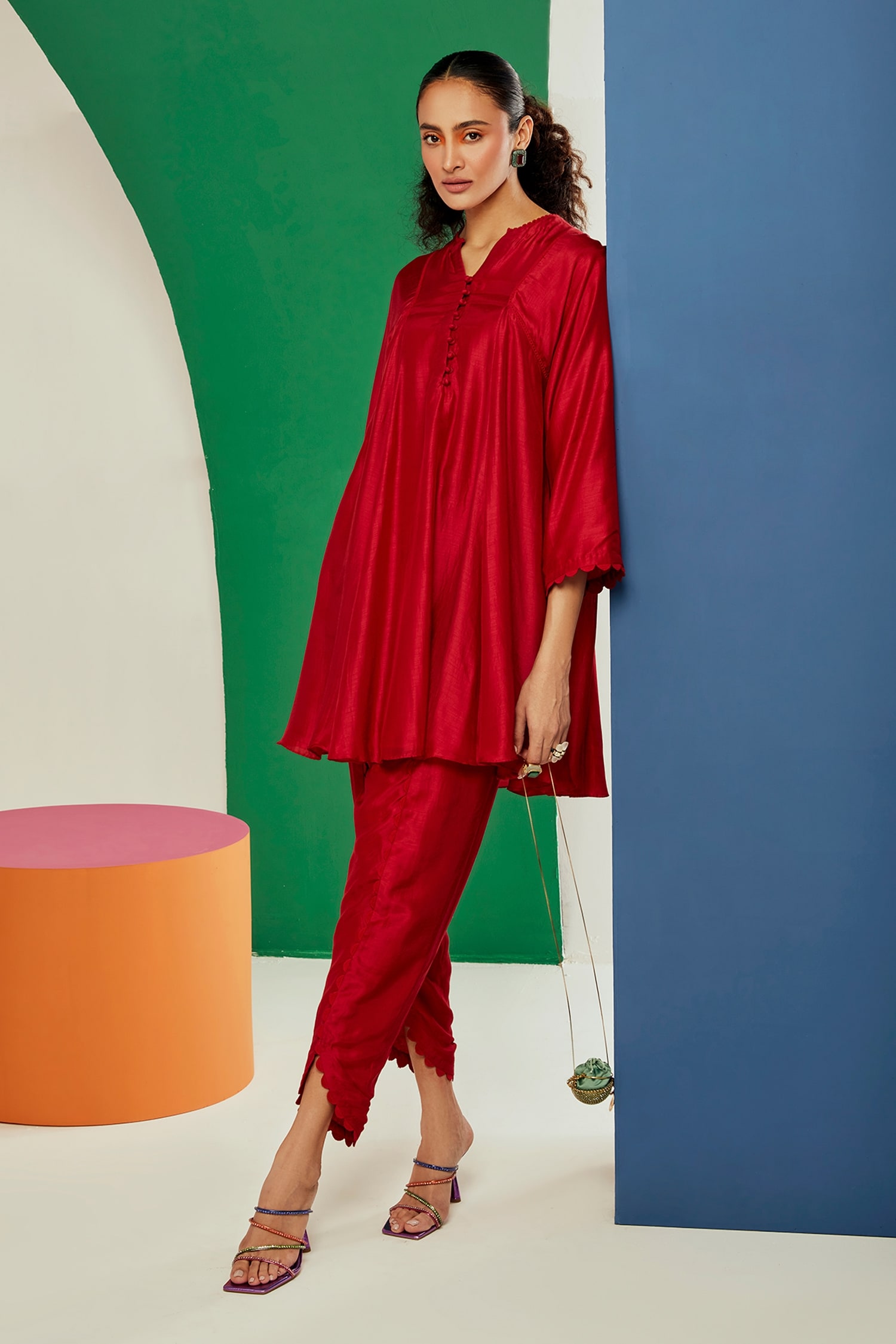 Buy Red Silk Notched Fauve Flared Kurta And Tulip Pant Set For Women by ...