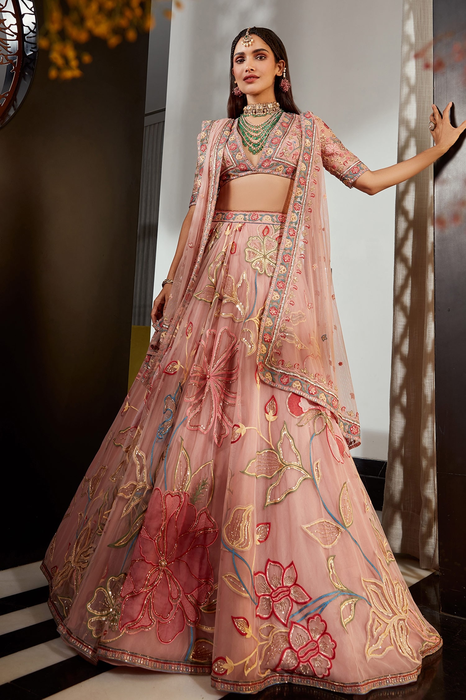 Buy Pink Net Embroidered Floral Motifs Plunge Carnation Lehenga Set For