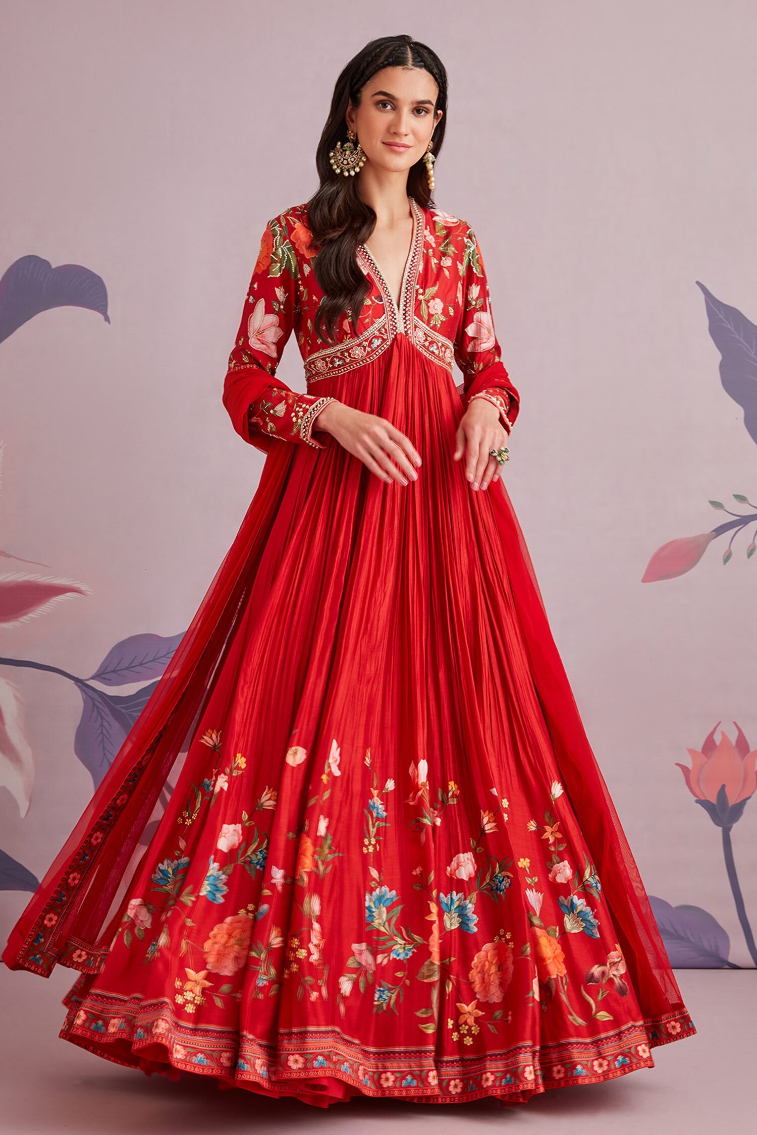 Buy Red Net And Silk & Embroidery Block V Anarkali With Dupatta For ...