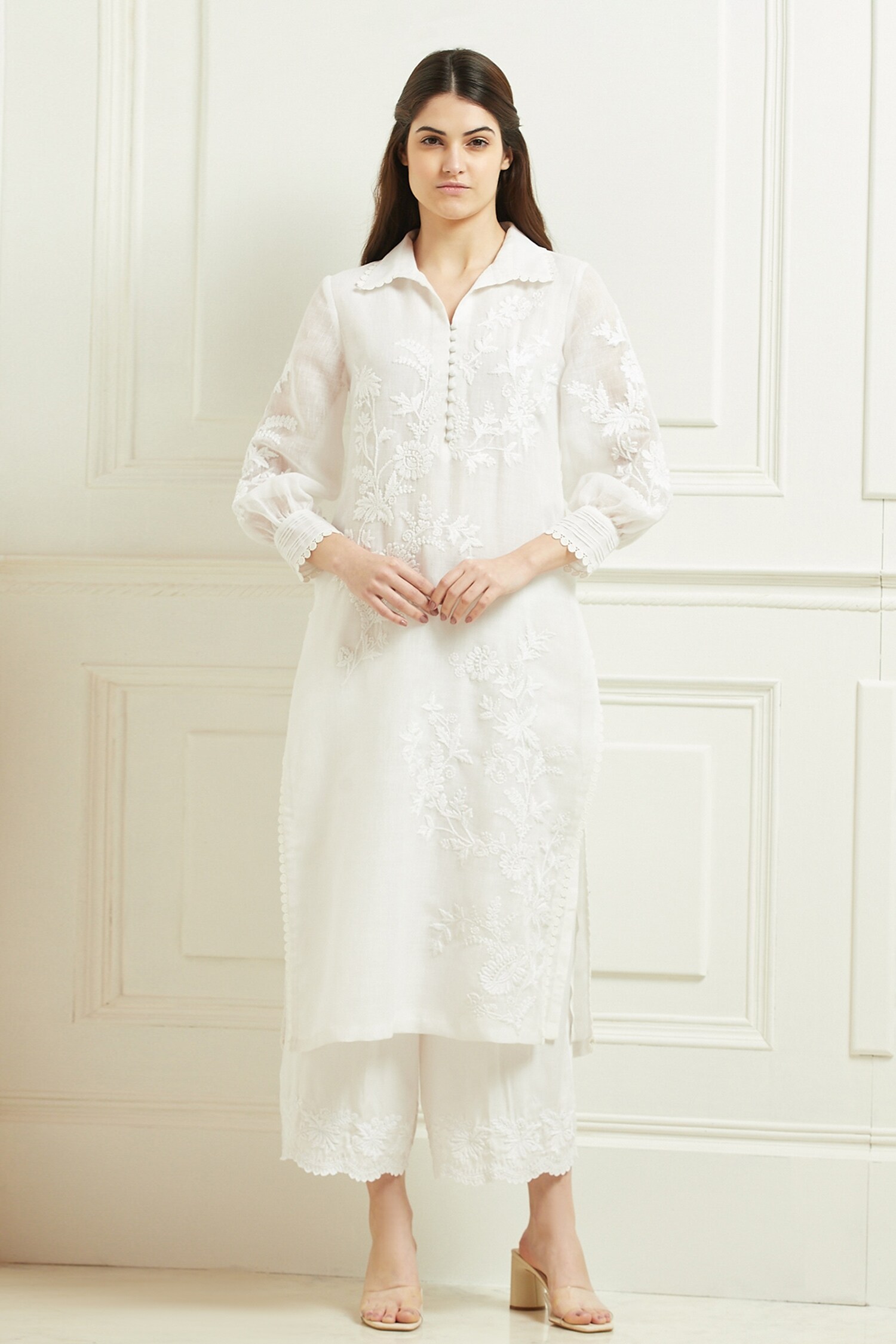 Buy Ranna Gill White Linen Embroidered Puff Sleeve Kurta Online Aza
