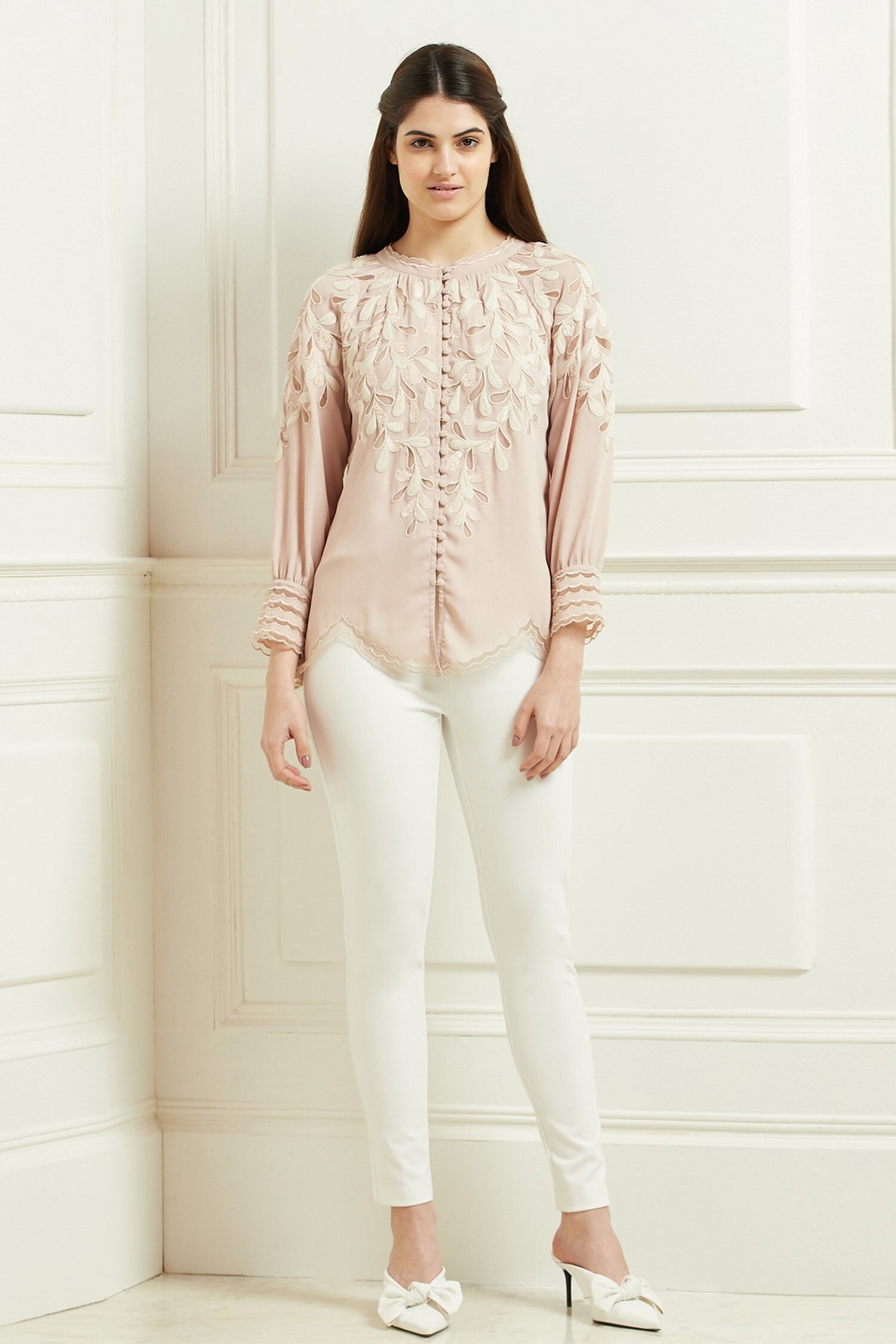 Buy Ranna Gill Peach Crinkled Georgette Embroidered Top Online Aza