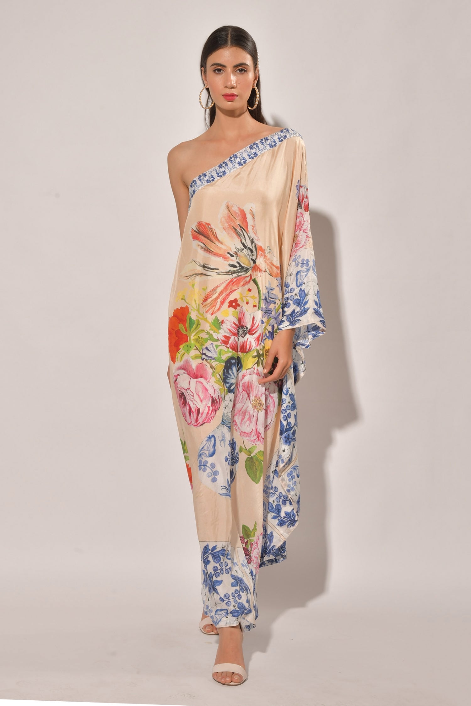 Buy Beige Pure Silk One Shoulder Printed Kaftan For Women by Prints by