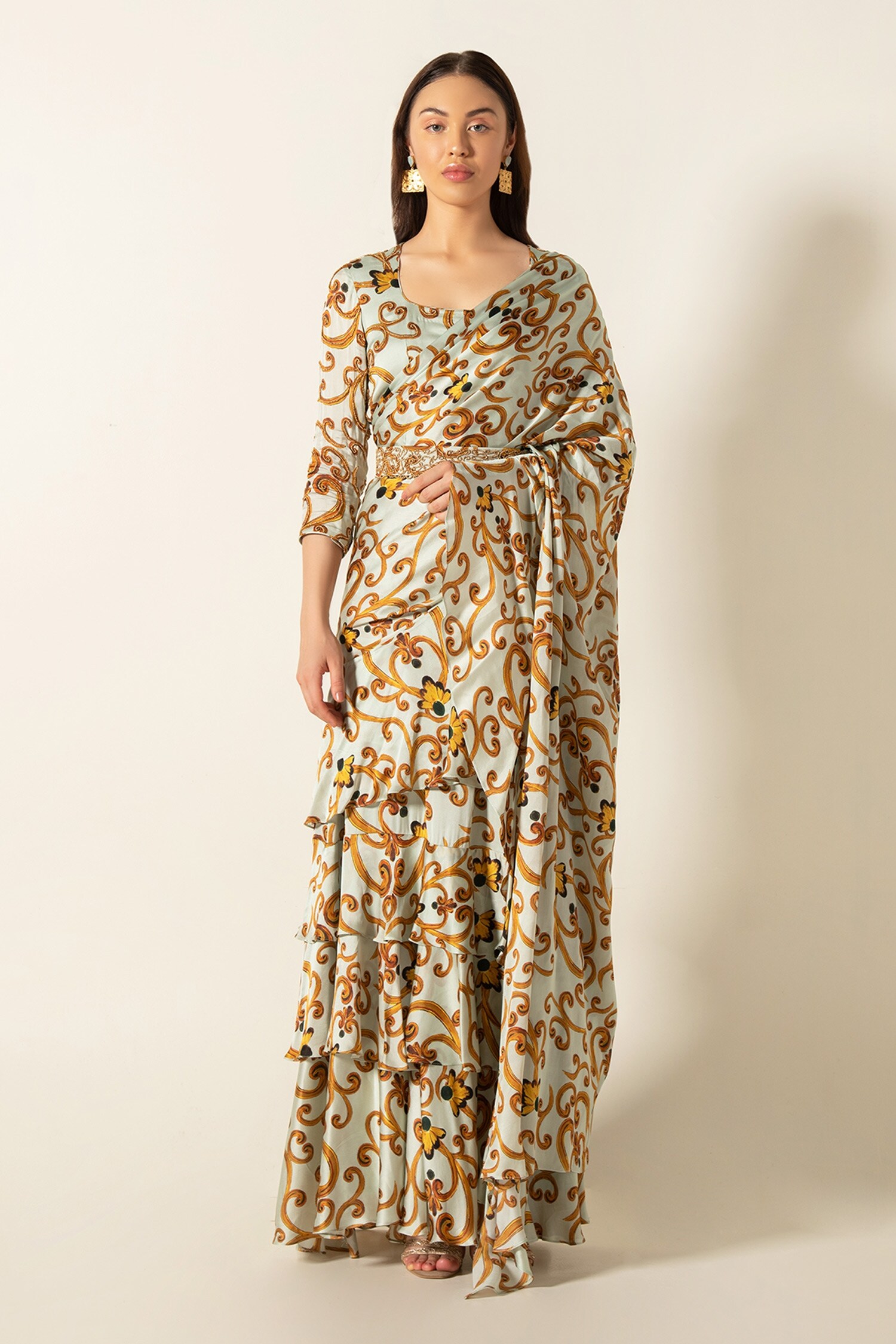 Buy Prints by Radhika Yellow Satin Predraped Ruffle Saree