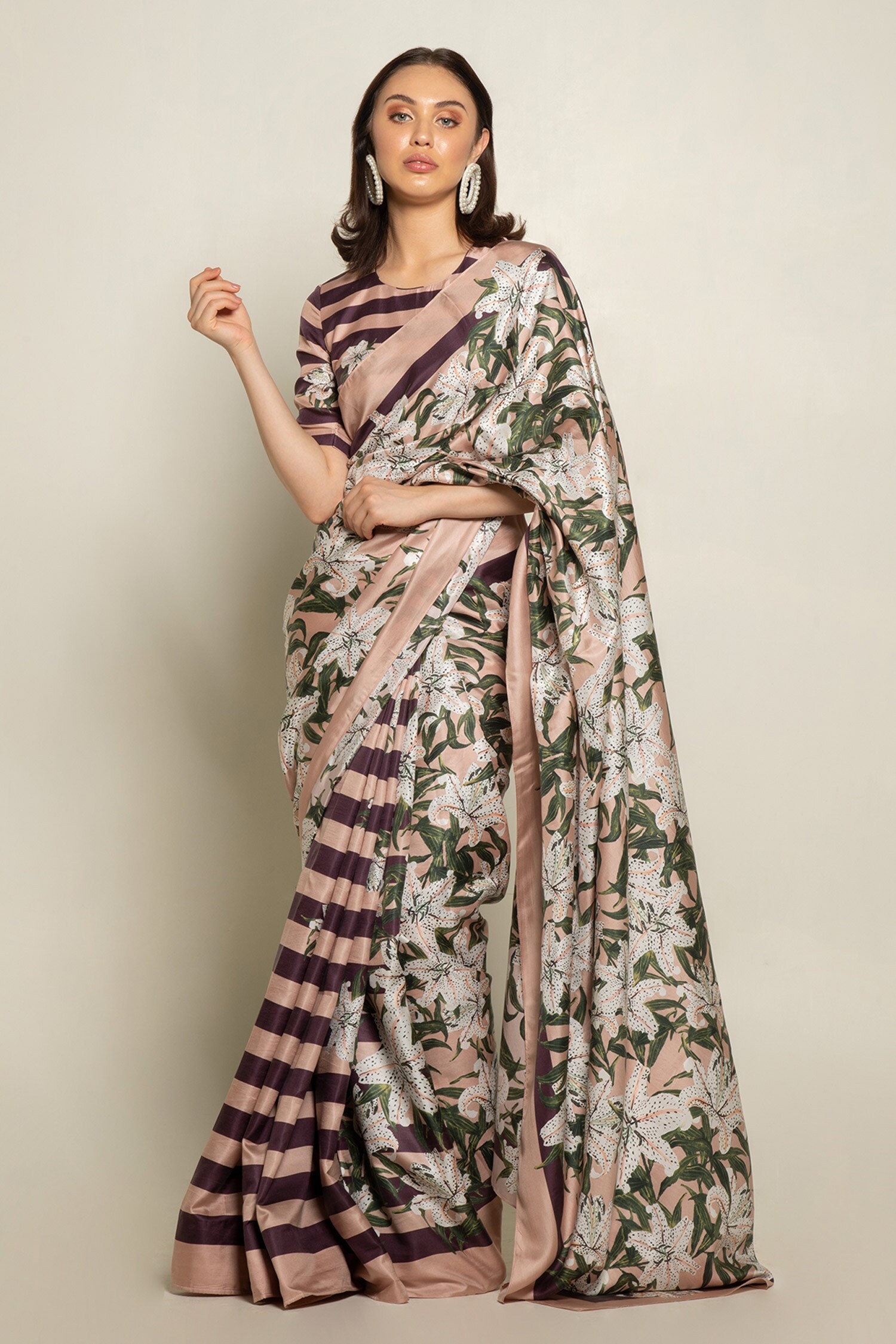 Buy Prints by Radhika Beige Silk Twill Printed Saree With Blouse Online