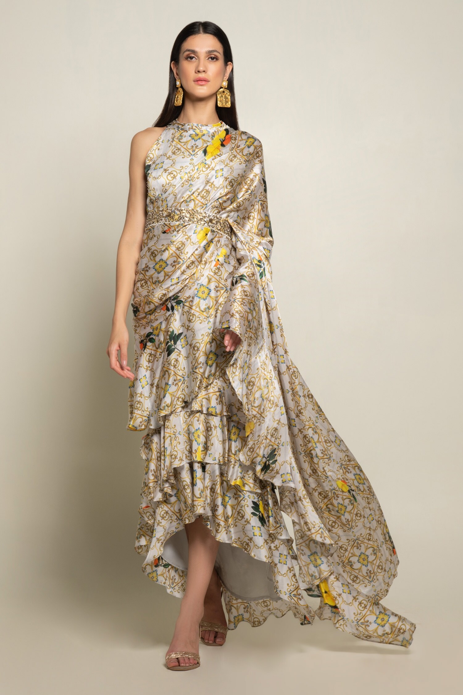 Buy Prints by Radhika Multi Color Satin Predraped Ruffle