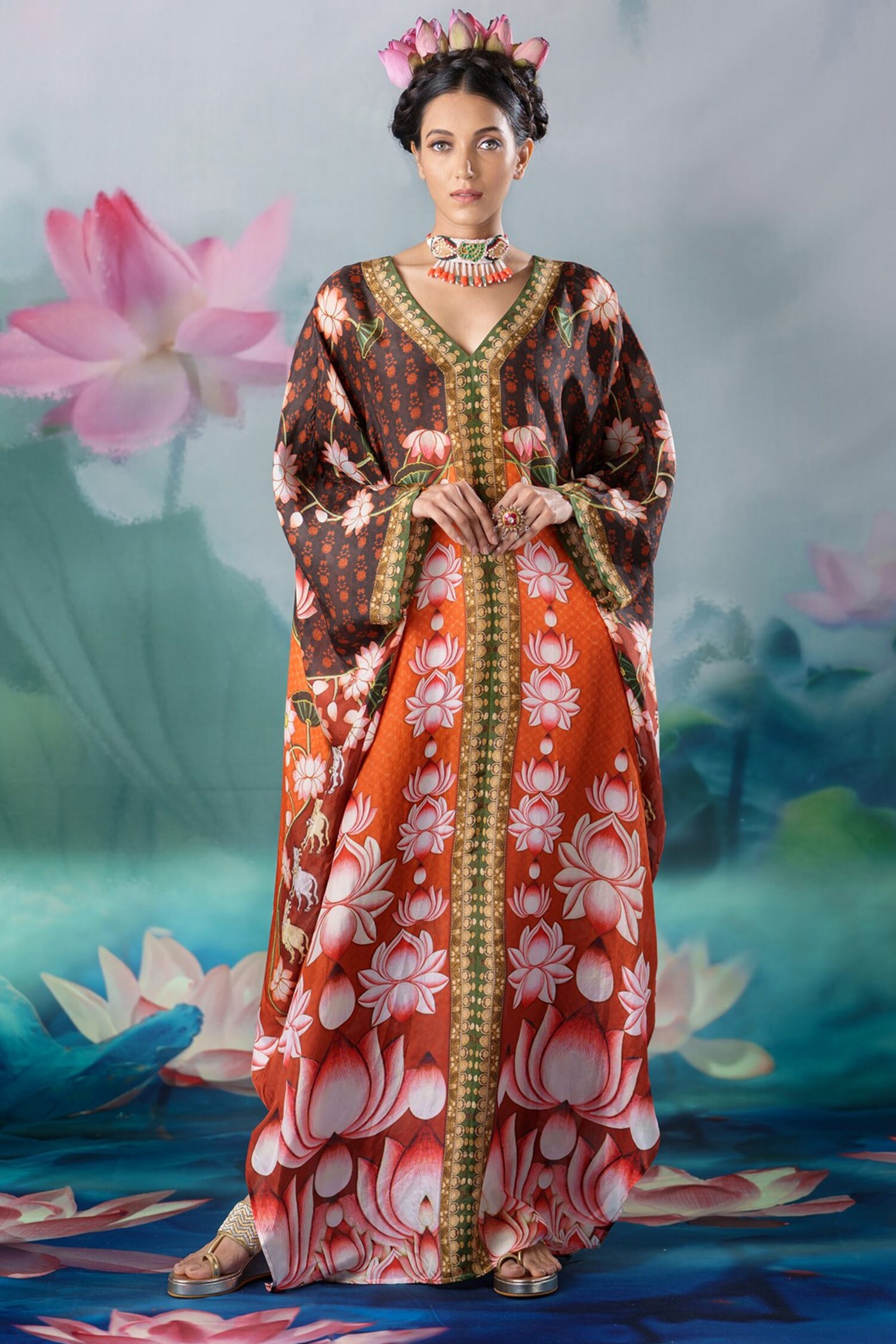 Buy Rajdeep Ranawat Orange Verusha Silk Printed Kaftan Online Aza Fashions