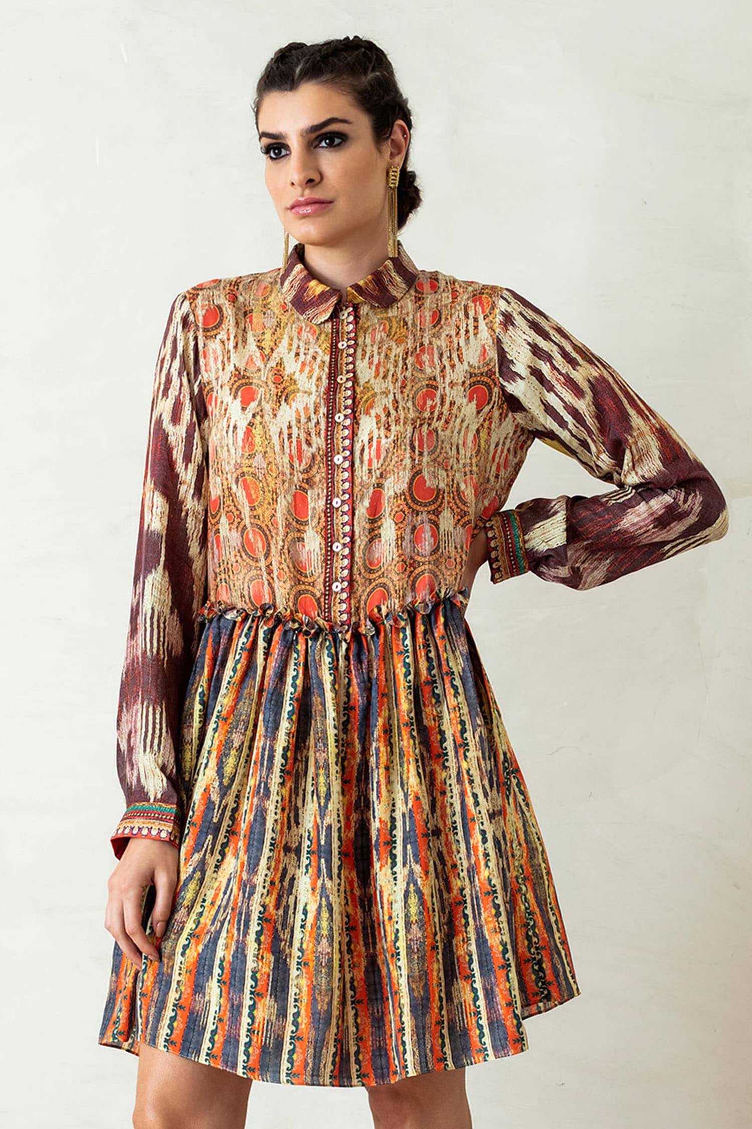 Buy Beige Silk Spread Collar Chinara Flared Dress For Women by Rajdeep ...
