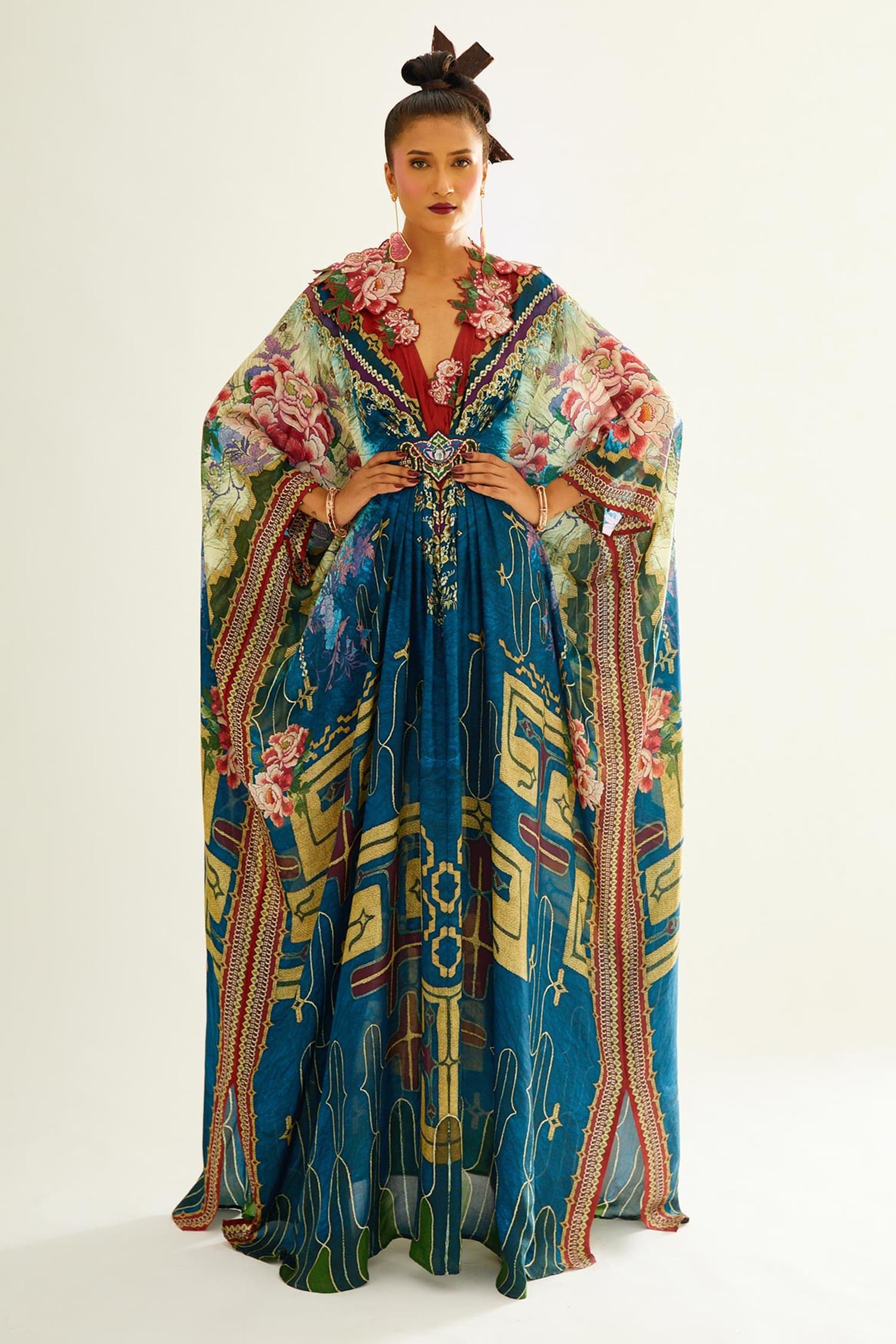 Buy Rajdeep Ranawat Blue Imama Silk Printed Kaftan Online | Aza Fashions