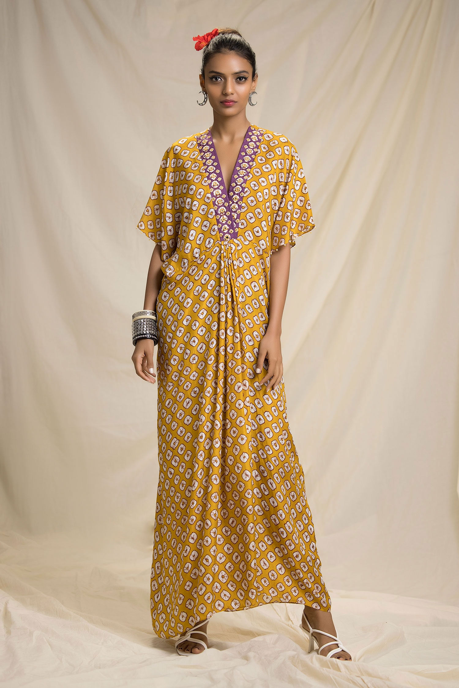 Buy Rajdeep Ranawat Yellow Silk Bandhani Print Kaftan Dress Online ...