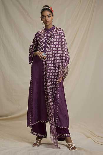 Ethereal Bandhani Kurta Set With Dupatta - Dark Purple