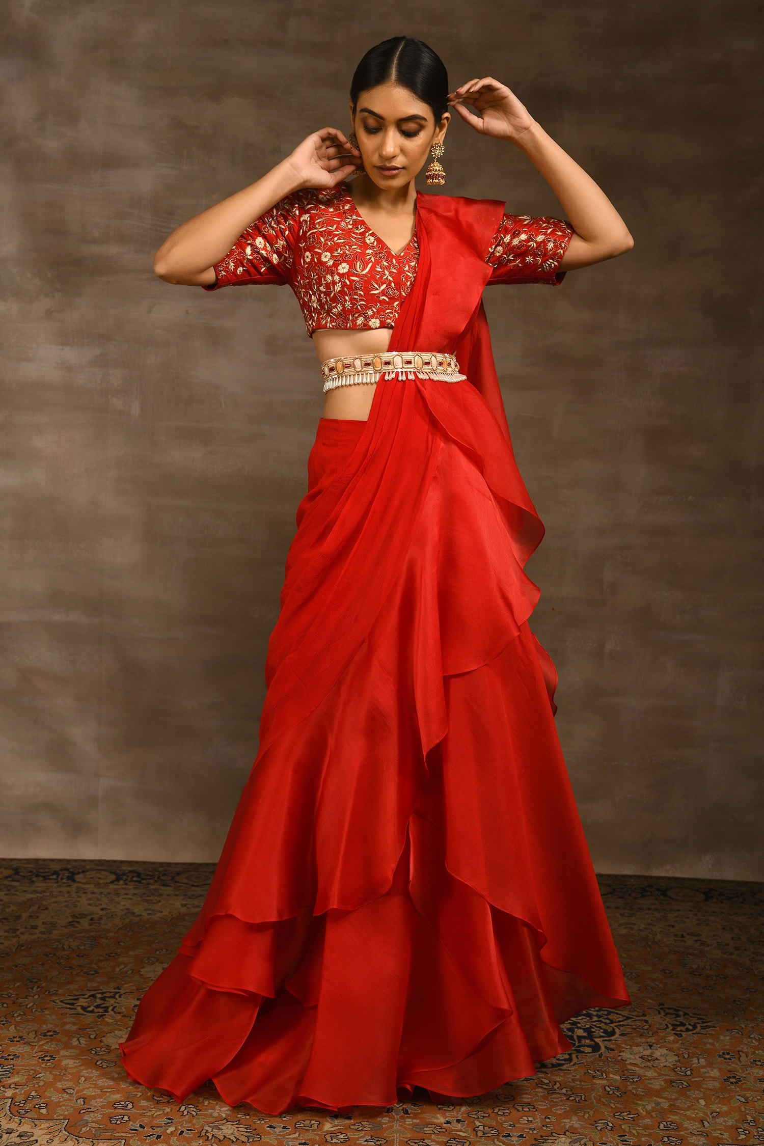 Red Draped Ruffle Saree - Priti Sahni