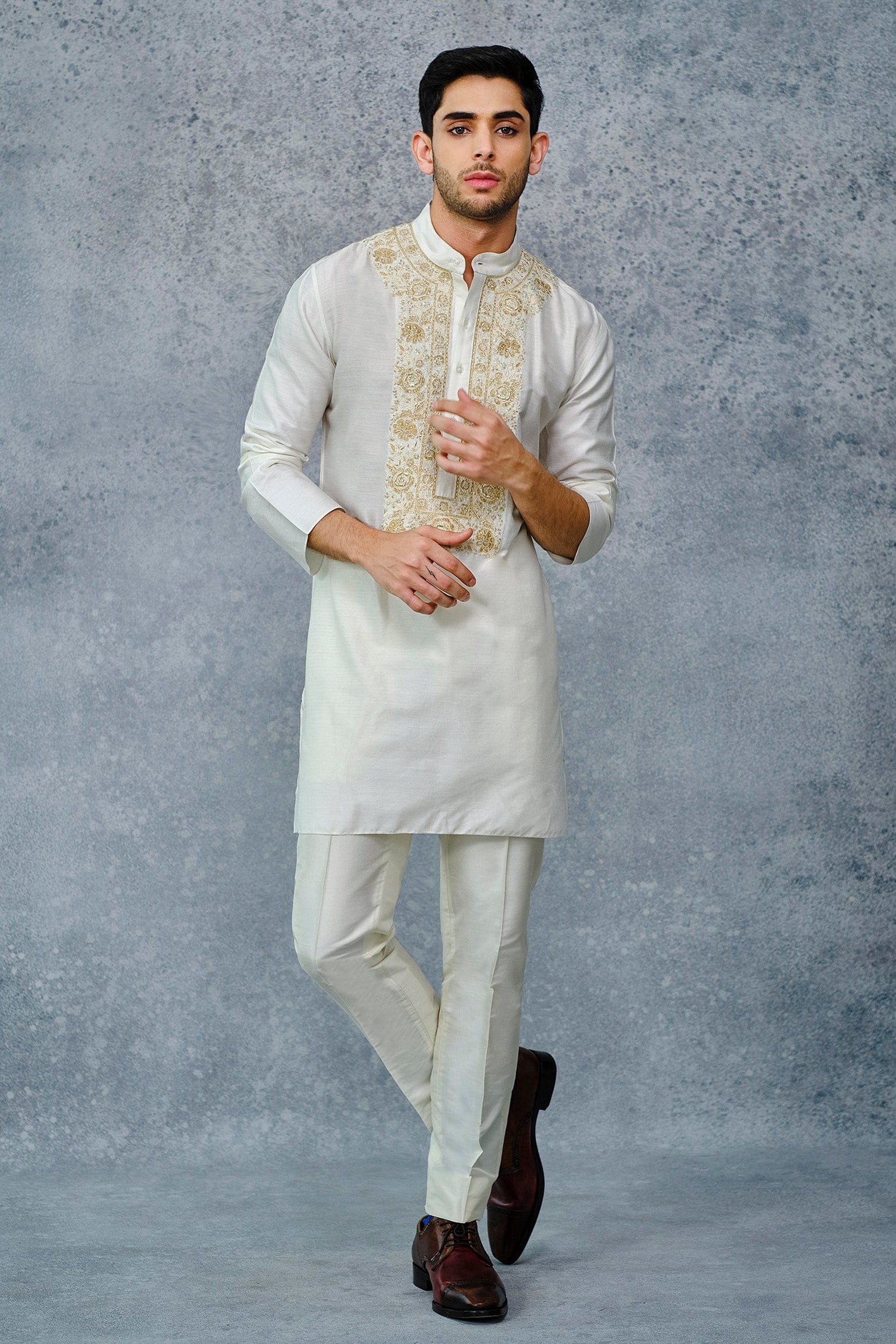 Buy White Tussar Silk Embroidery Thread And Sequin Floral Kurta For Men ...