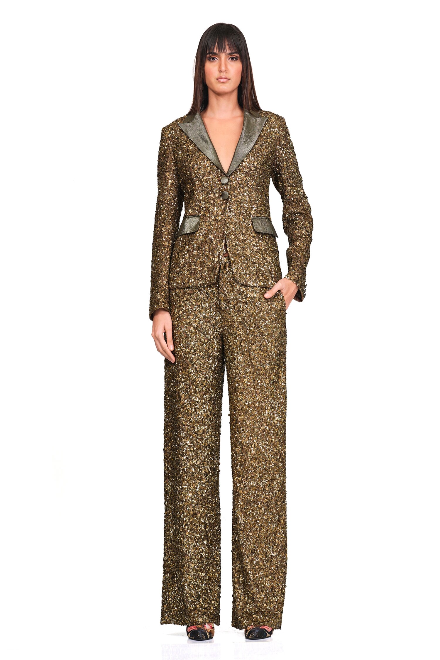 Buy Gold Satin Embroidery Sequin And Cutdana Lapel Collar Blazer & Pant