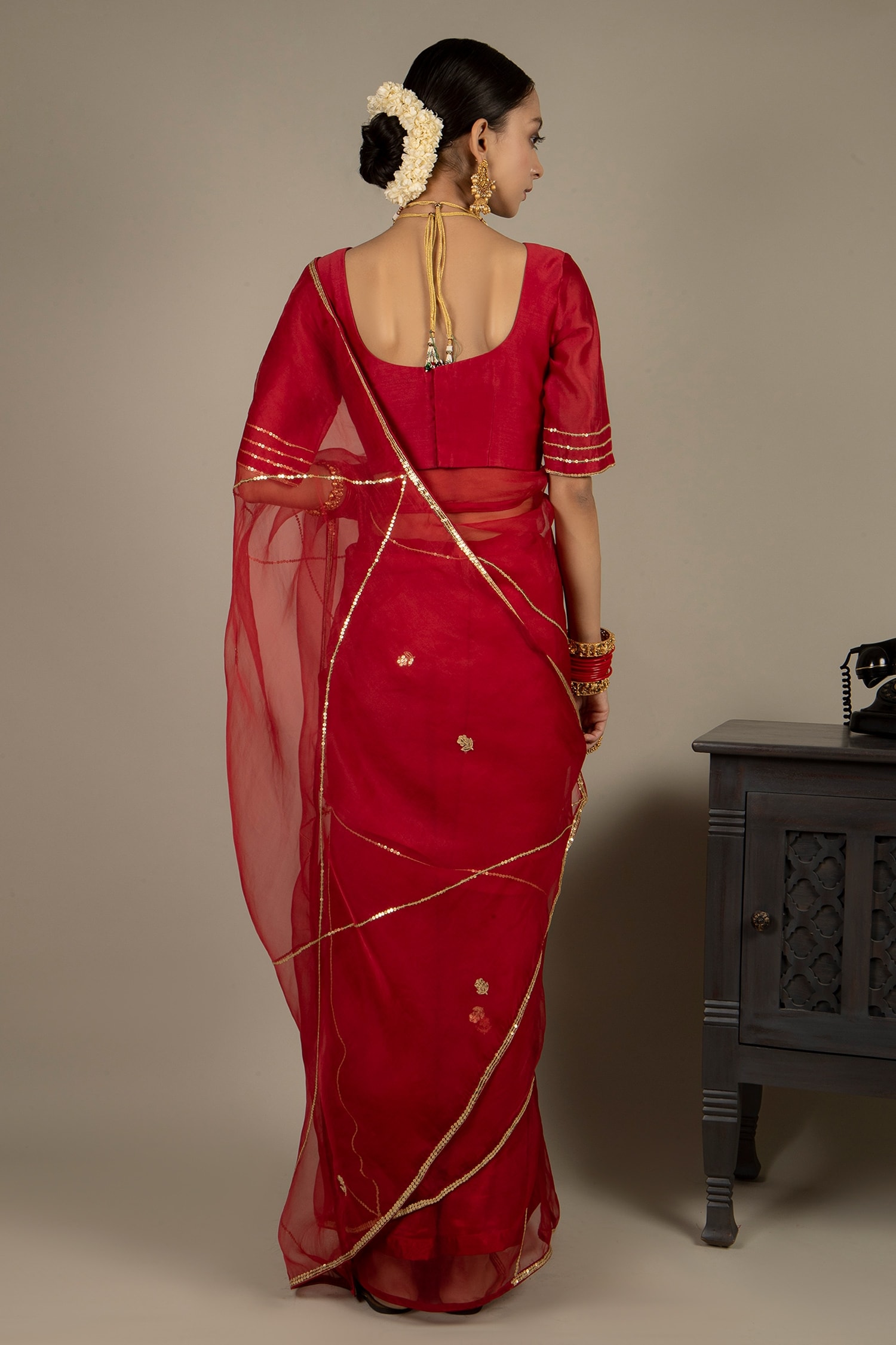Red embroidered chanderi blouse with net saree and satin petticoat –  Ikshita Choudhary