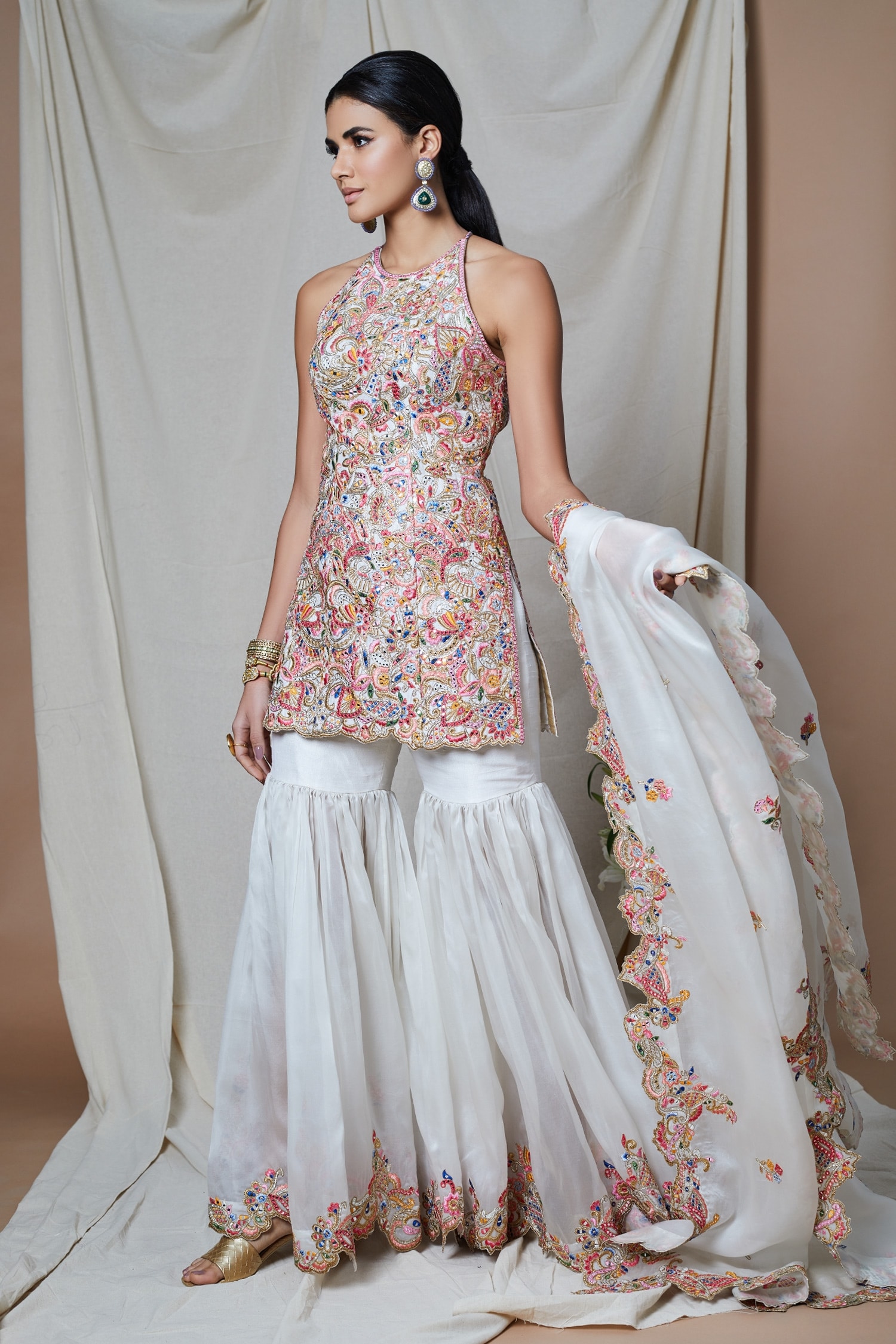 Tamanna Punjabi Kapoor Ivory Raw Silk Embroidered Kurta Gharara Set