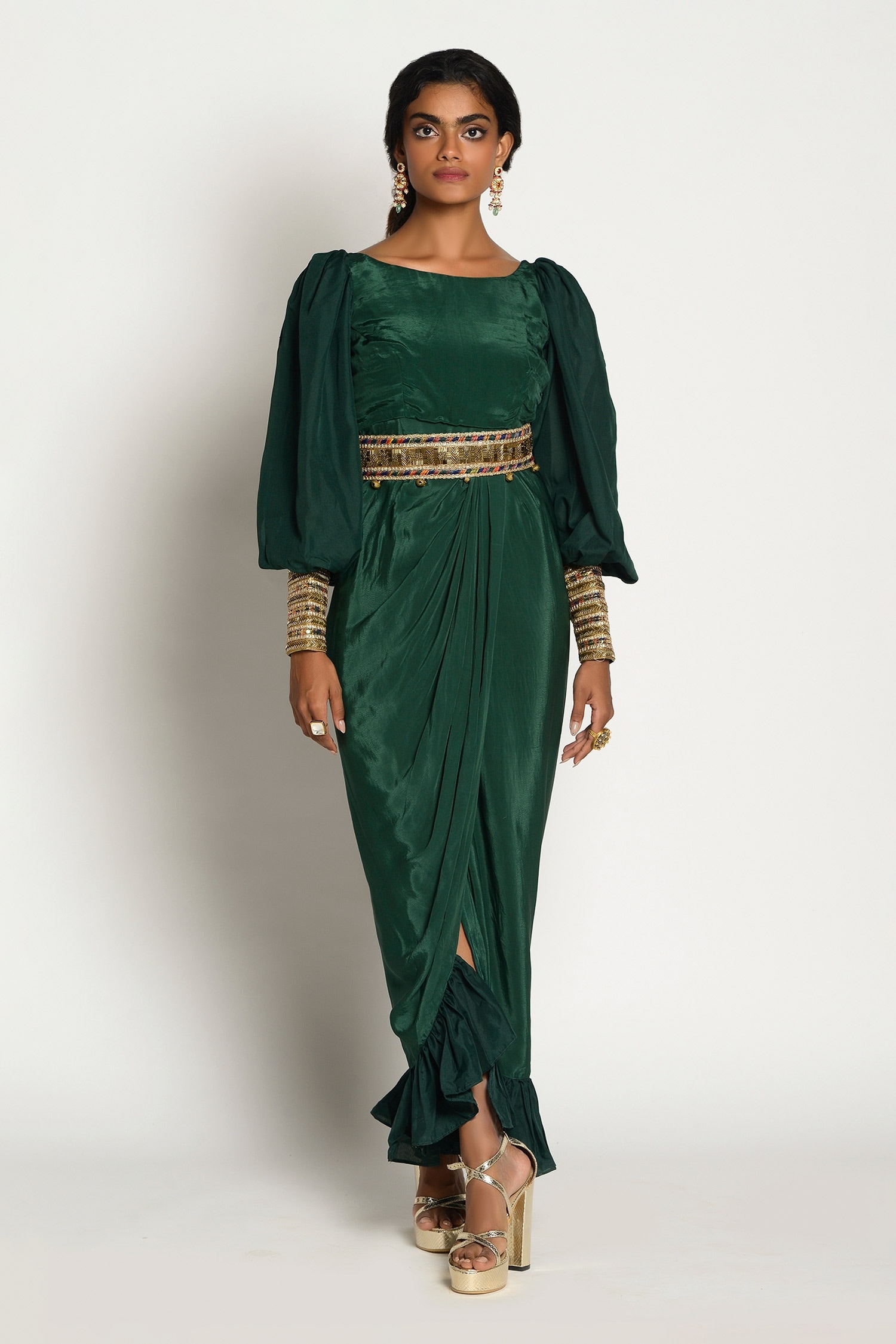 Buy Green Crepe Embroidery Boat Draped Gown With Belt For Women by ...