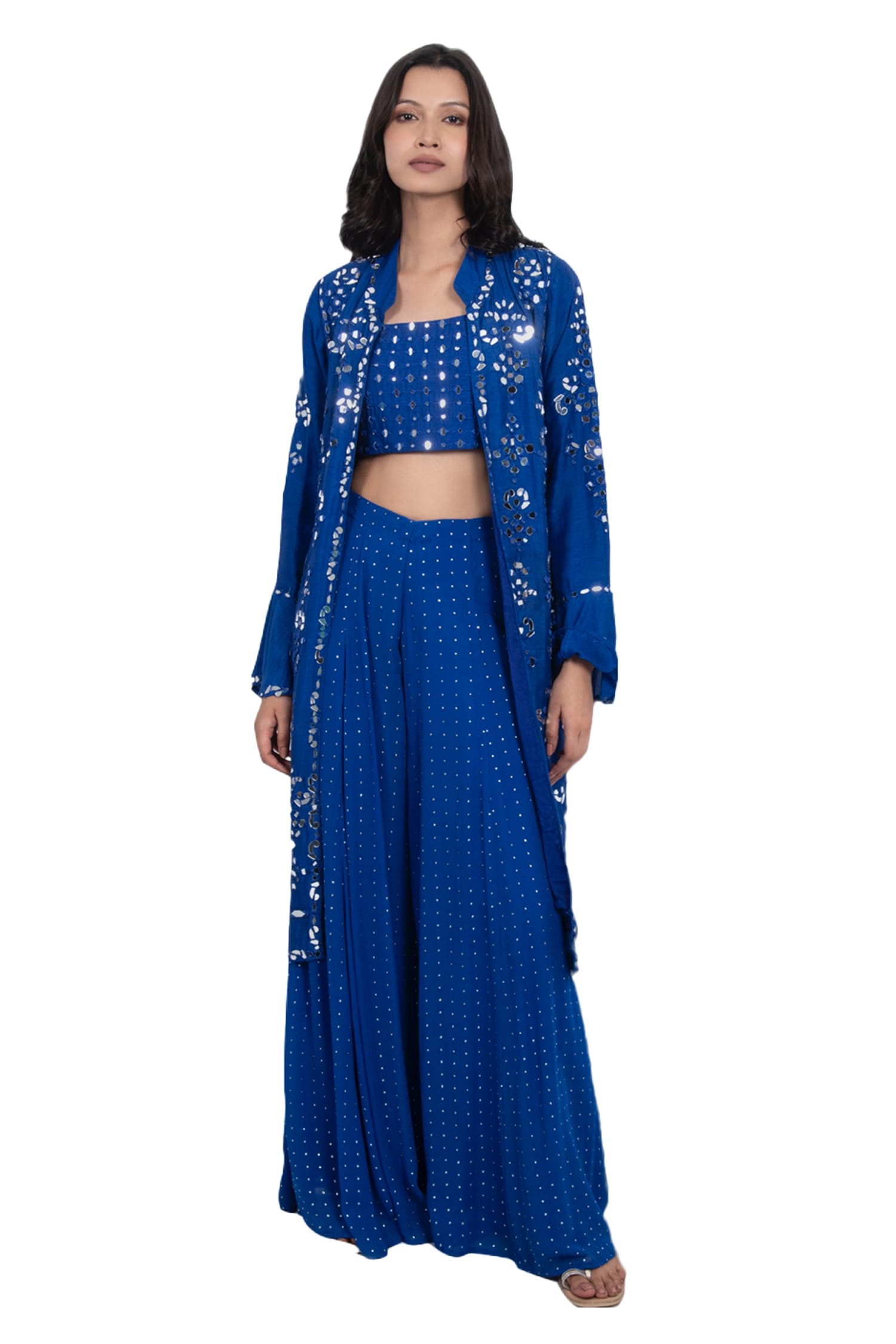 Buy Monisha Jaising Blue Georgette Mirror Work Jacket Sharara Set ...