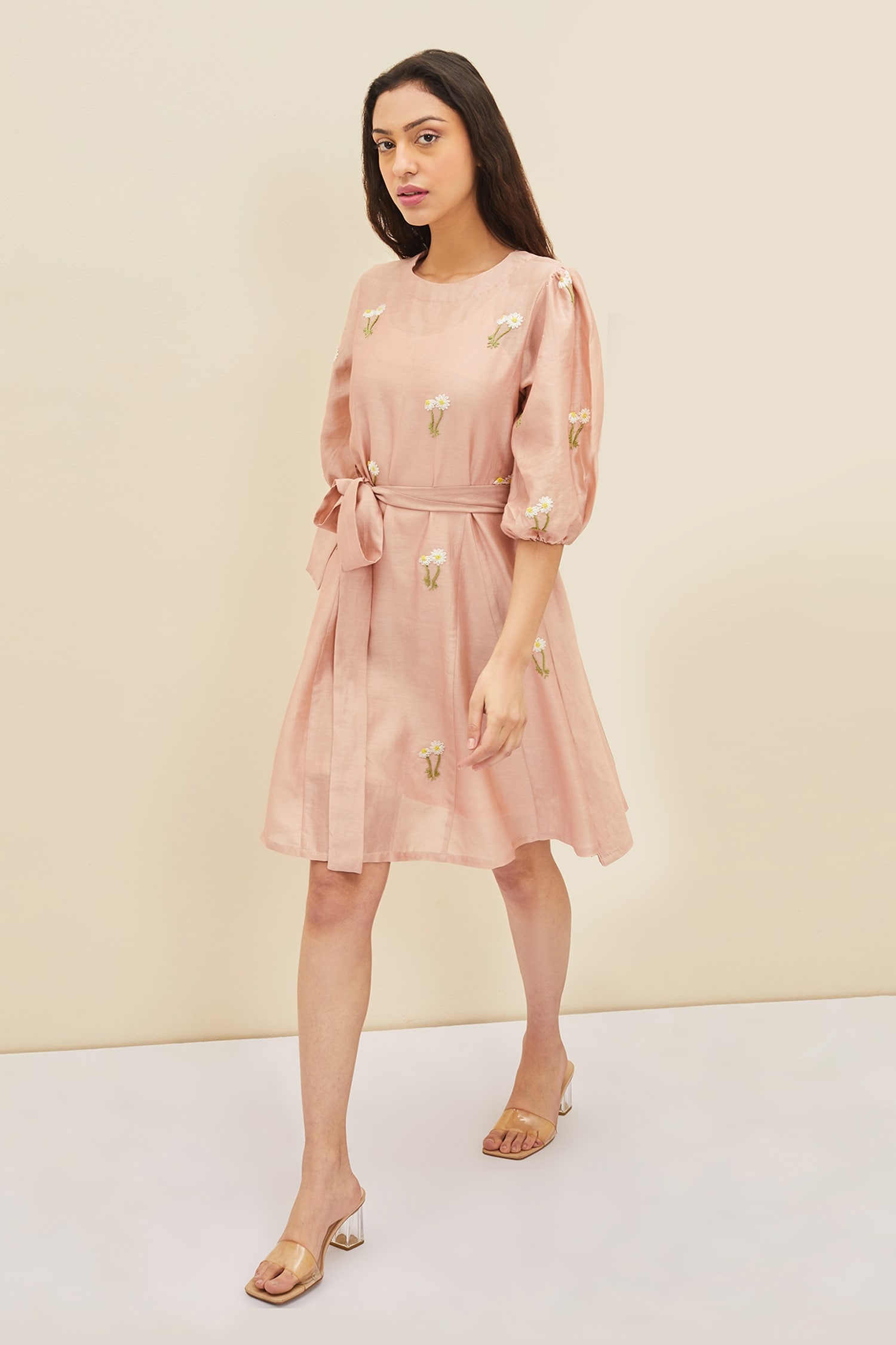 Meadow - Pink Silk Embroidered Floral Notched Collar Ellery Coat Dress For  Women