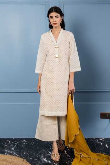 White - Mangalagiri Handloom Cotton Kurta with Palazzo & Dupatta Set