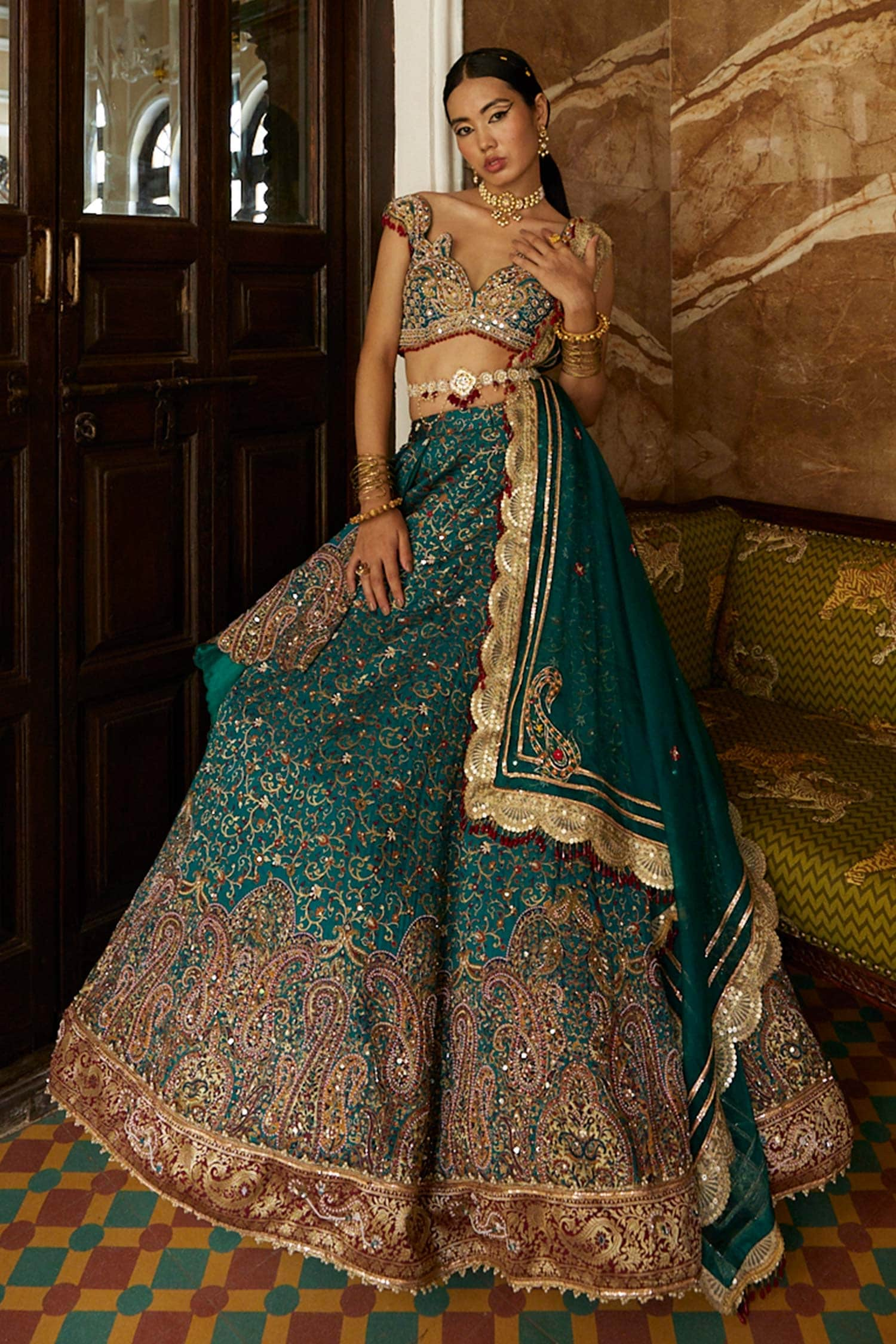 Buy Blue Lehenga Jamawar Katan Silk Embroidery Zari Leaf Floral Motifs