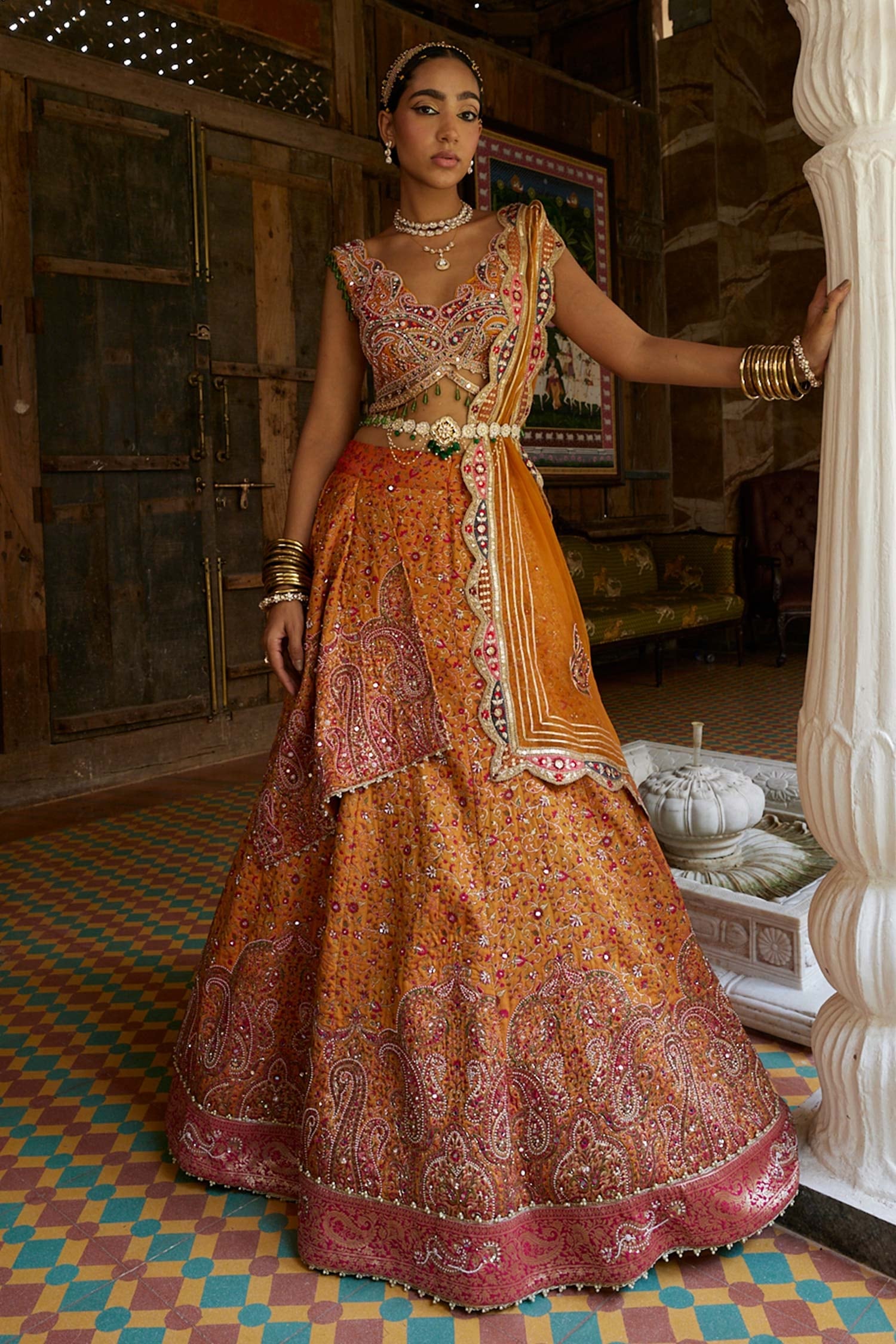 Buy Yellow Lehenga Jamawar Katan Silk Embroidery Zari Floral Motifs