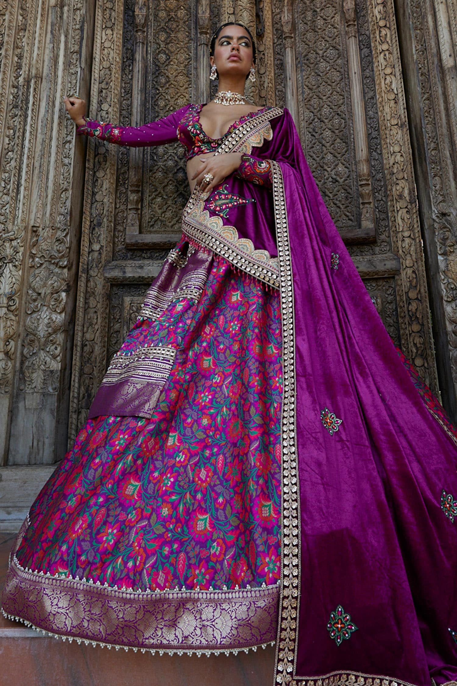 Buy Magnific Orange-Pink Embroidered Banarasi Silk Bridal Lehenga Choli  From Zeel Clothing.