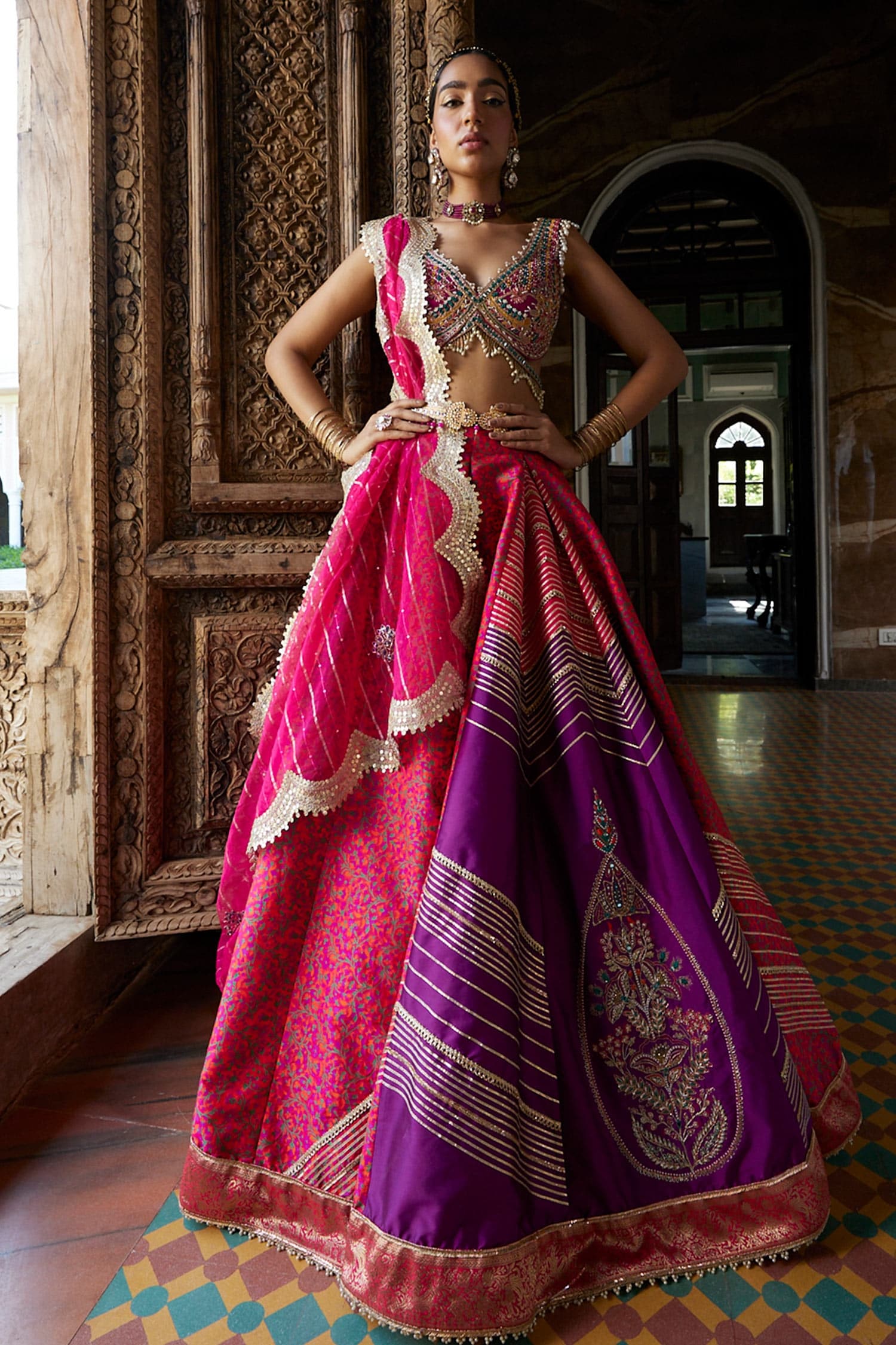 Aditi Gupta Coral Lehenga: Jamawar Katan Silk Printed Motifs; Zari Set For Women
