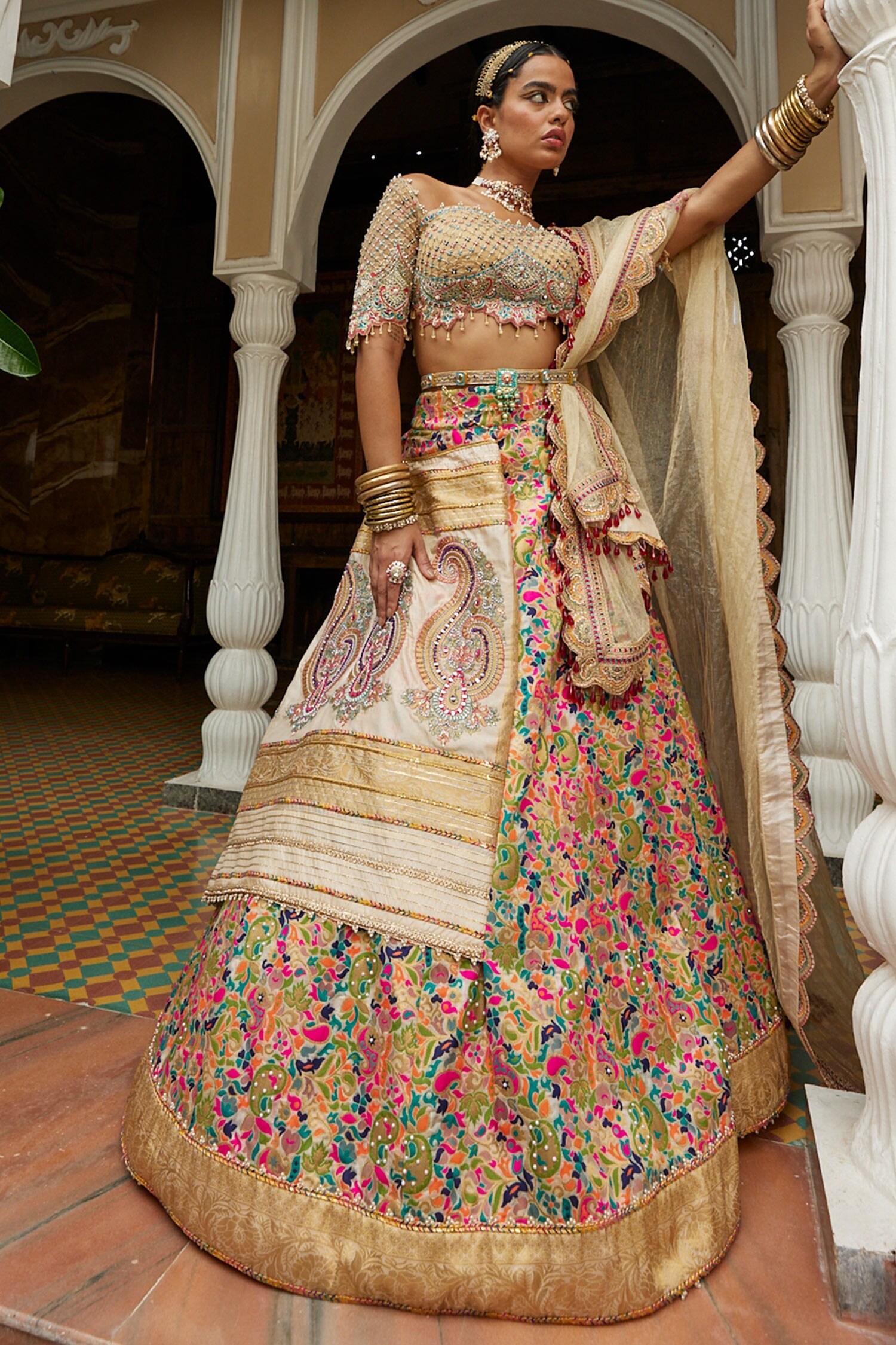 Buy Cream Lehenga Katan Silk Printed Floral And Paisley Motifs Resham