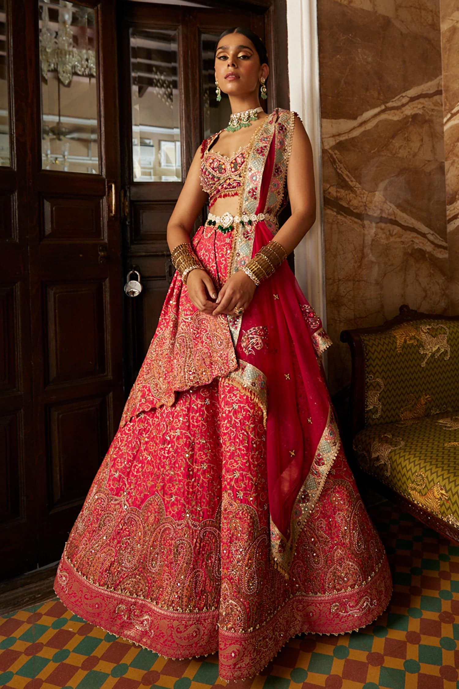 Buy Aditi Gupta Red Jamawar Katan Silk Lehenga Set Online Aza Fashions