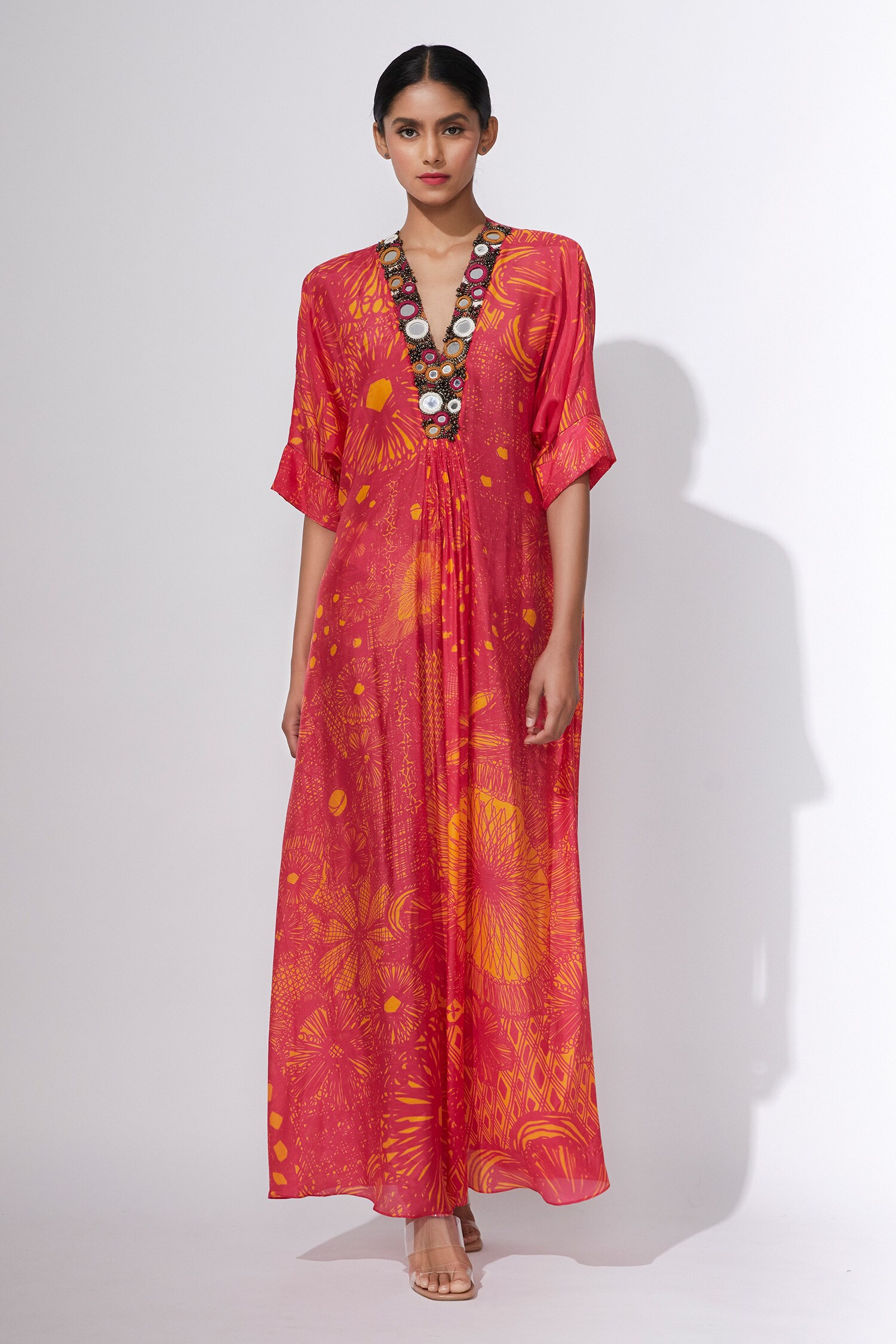Buy Saaksha & Kinni Yellow Cotton Silk Printed Kaftan Online Aza Fashions