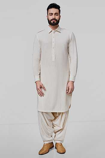 Anita Dongre White 100% Cotton Angar Pathani Set For Men